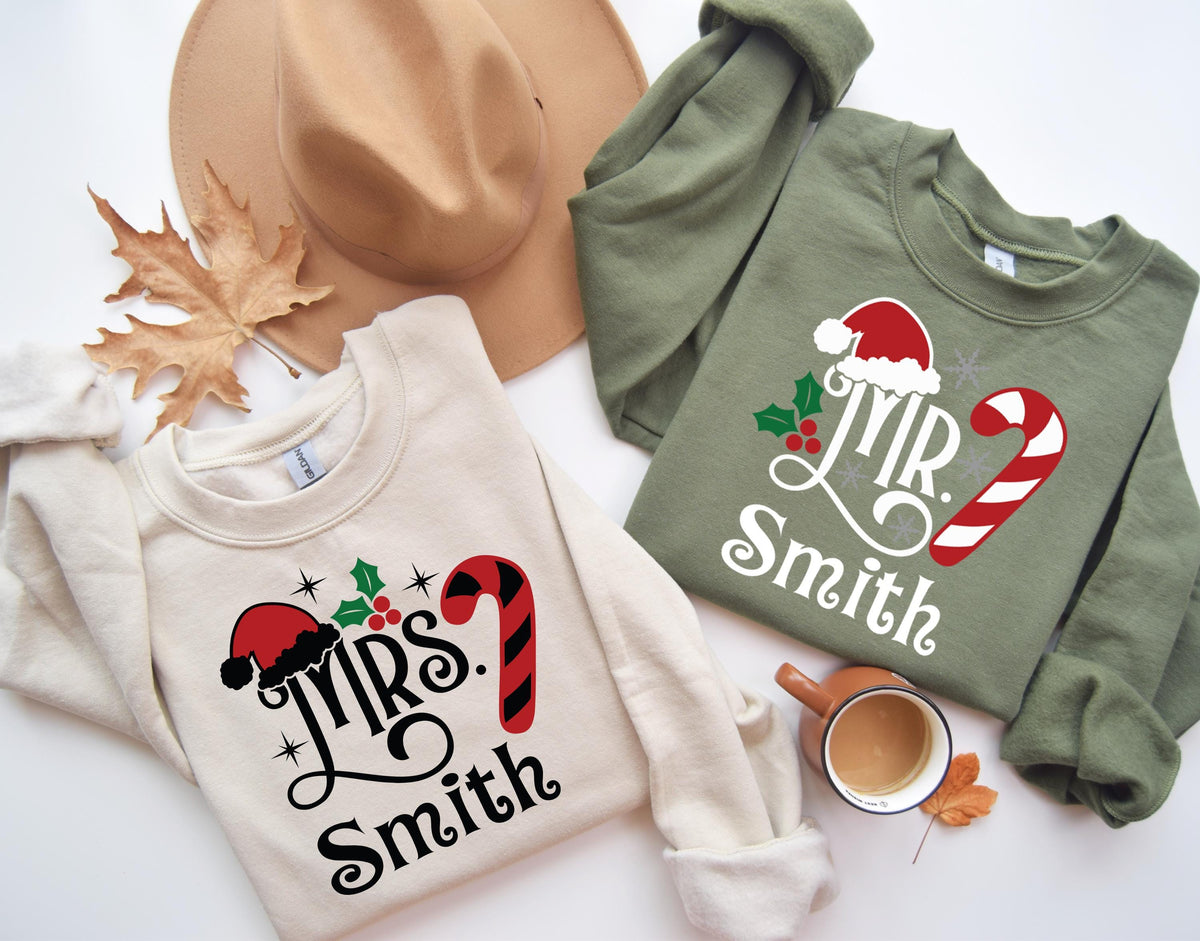 Santa Mr and Mrs Christmas Family Sweatshirt, Custom Couple Christmas Matching Sweater, Xmas Holiday Hoodie, Husband & Wife Xmas Party Sweat
