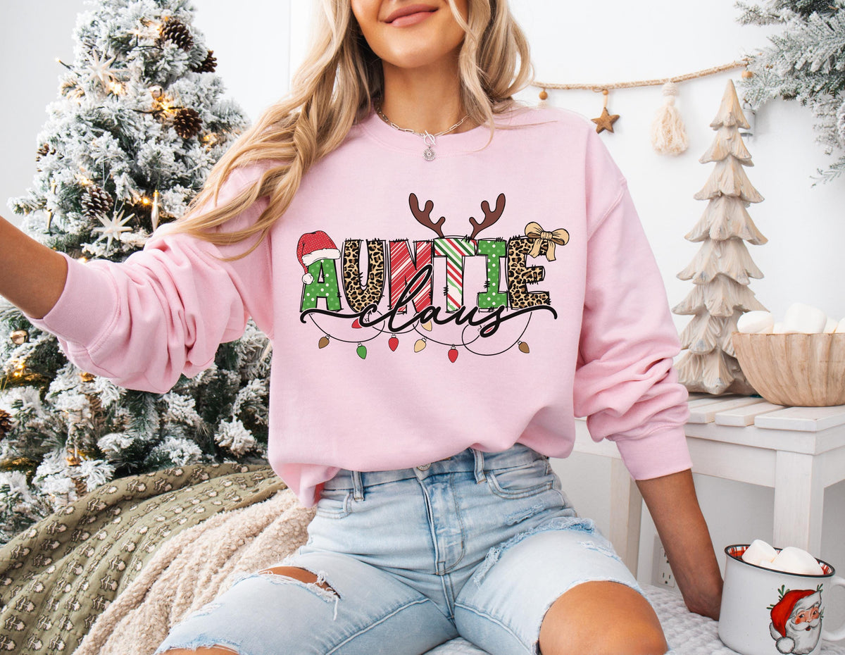 Reindeer Antlers & Christmas Lights Design Funny Aunt Sweatshirt, Auntie Clause Holiday Hoodie, Family Christmas Celebration Auntie Sweater