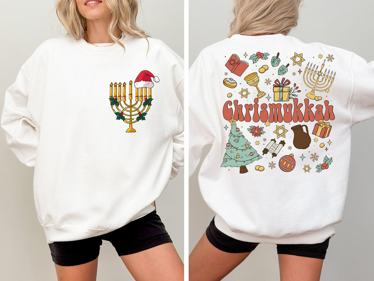 Funny Chrismukkah Sweatshirt, Double Sided Hanukkah and Christmas Holiday Hoodie, Jewish Christmas Sweater, Santa Hat Jewish Candles Gift