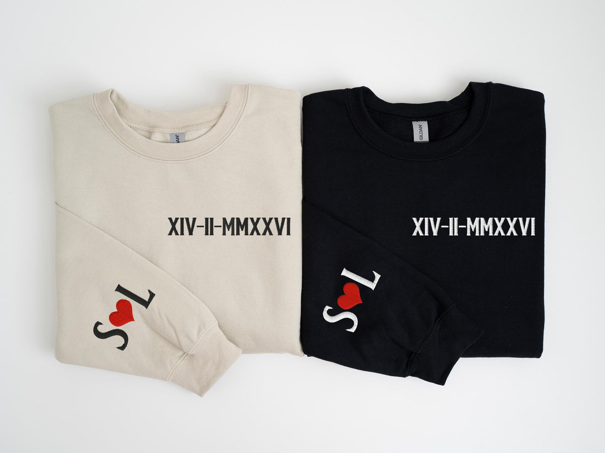 Roman Numeral Embroidered Sweatshirt, Custom Anniversary Date Embroidery Sweater, Personalized Mr Mrs Hoodie, Wife And Husband Sweat