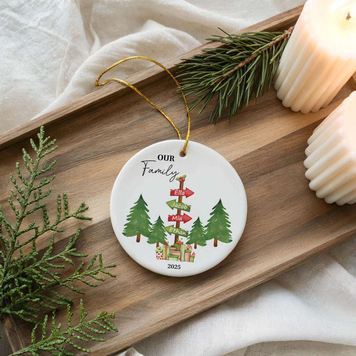 Personalized Family Signpost Ceramic Christmas Ornament