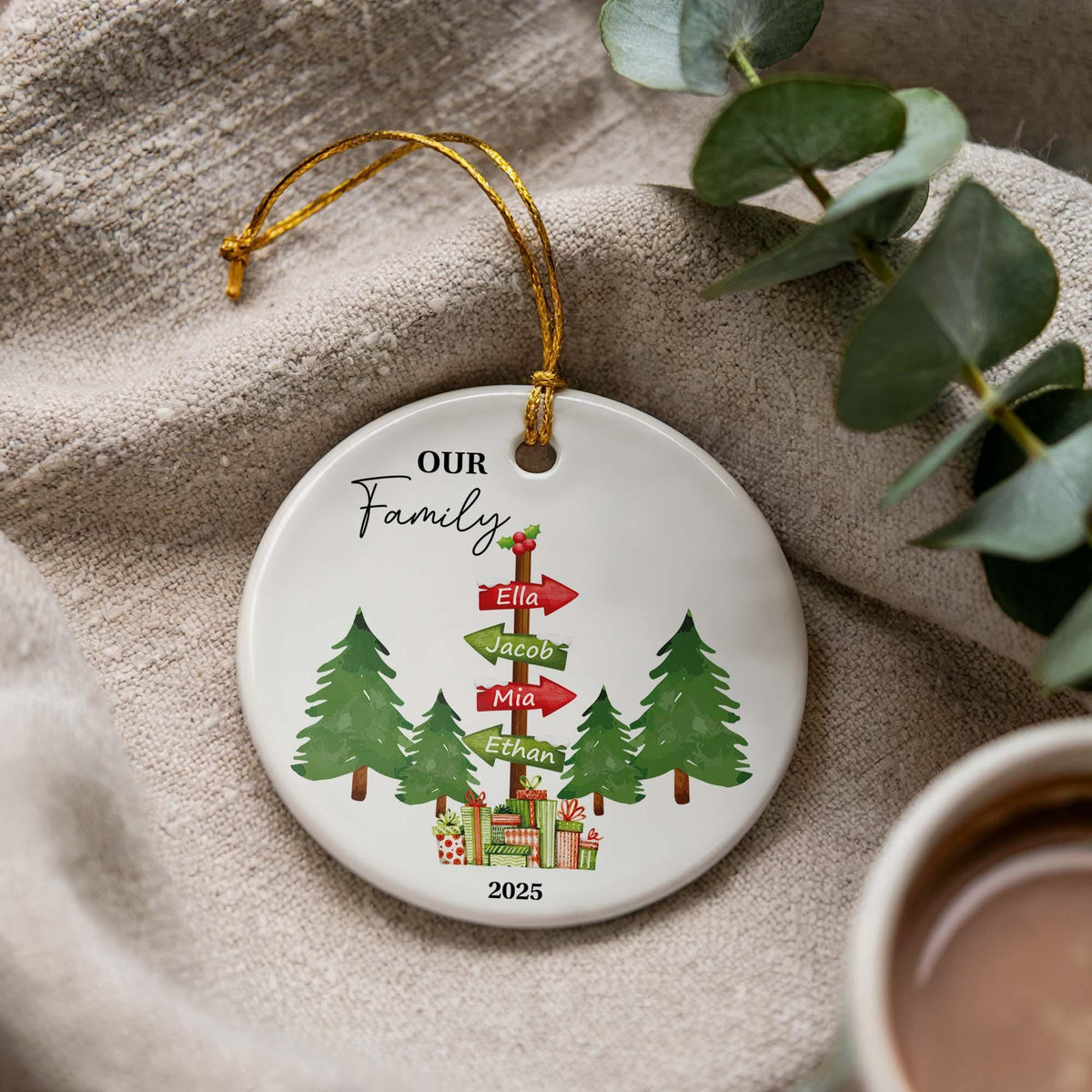 Personalized Family Signpost Ceramic Christmas Ornament