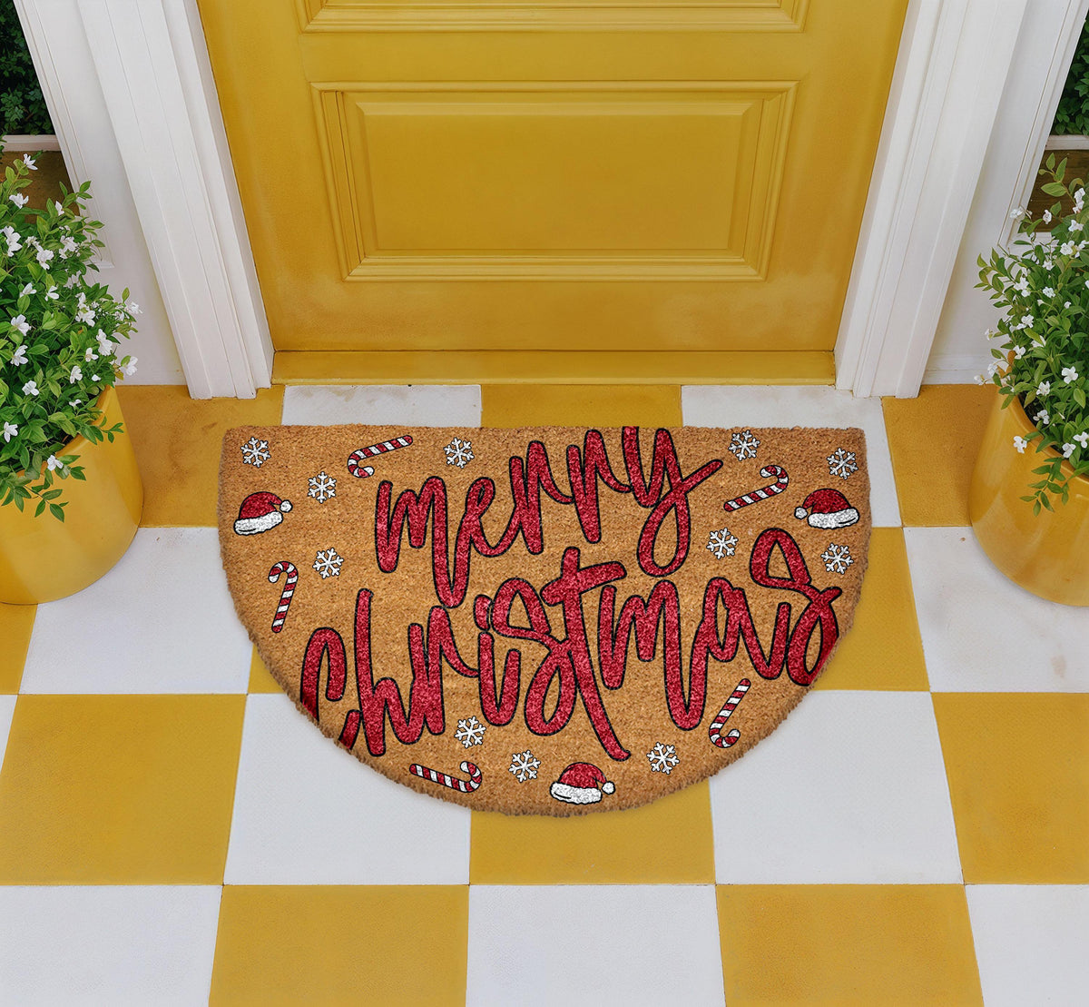 Merry Christmas Santa Vibe Doormat, Santas Hat & Candy Cane Pattern Welcome Mat