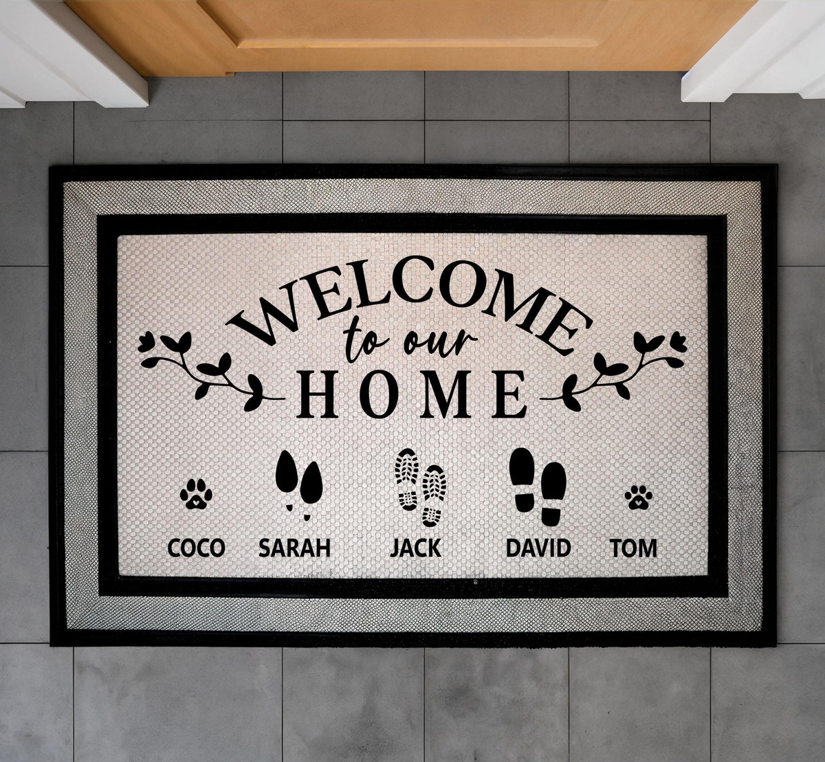 Welcome To Our Home Doormat, Personalized Family Welcome Mat, Custom Pet Family Doormat, Footprints & Pet Paws Door Mat, Indoor Outdoor Mat