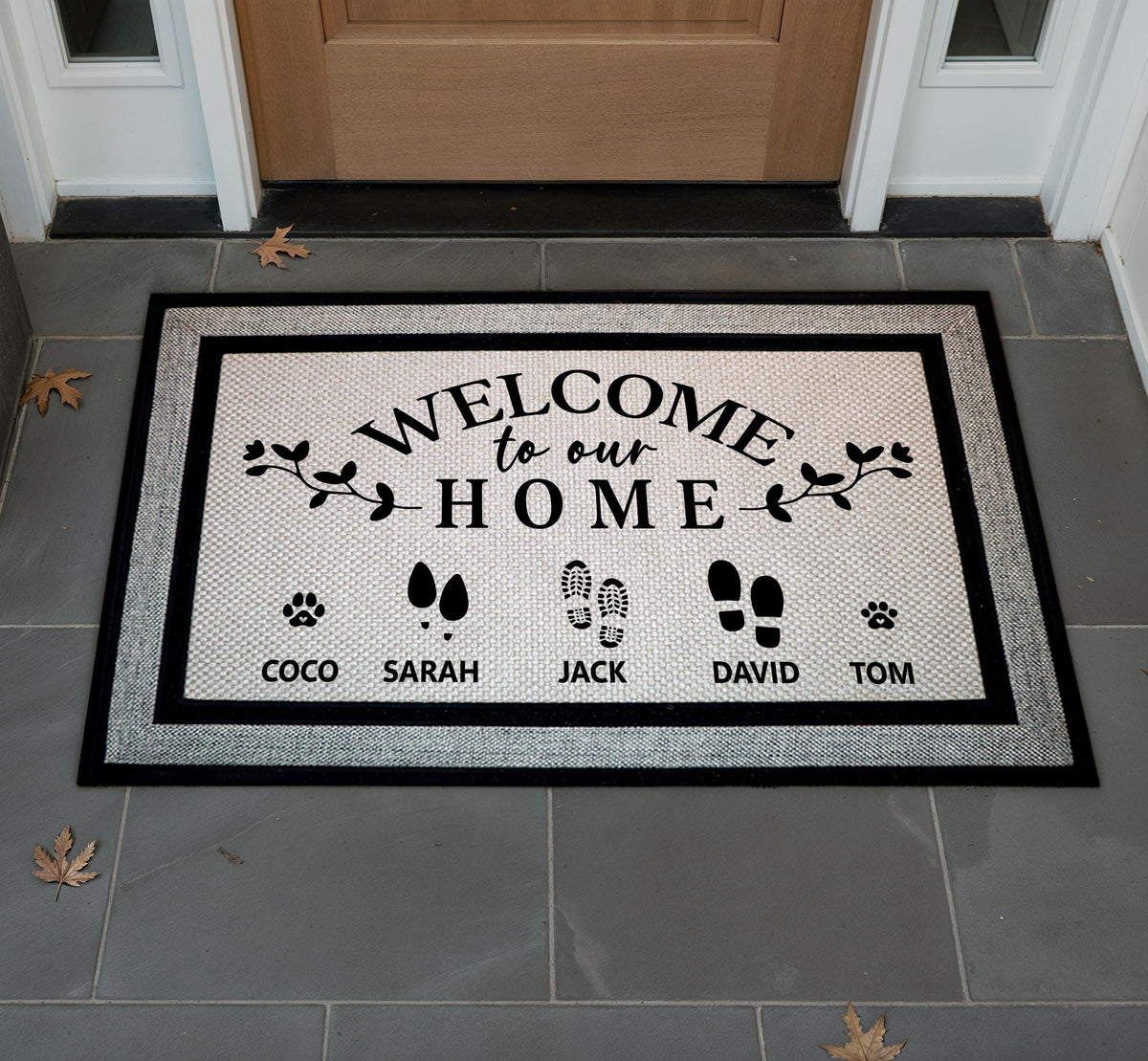 Welcome To Our Home Doormat, Personalized Family Welcome Mat, Custom Pet Family Doormat, Footprints & Pet Paws Door Mat, Indoor Outdoor Mat