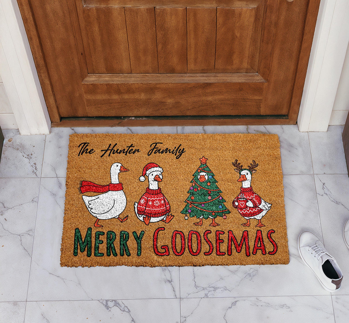Merry Goosemas Doormat, Personalized Christmas Welcome Mat, Custom Family Name Door Mat
