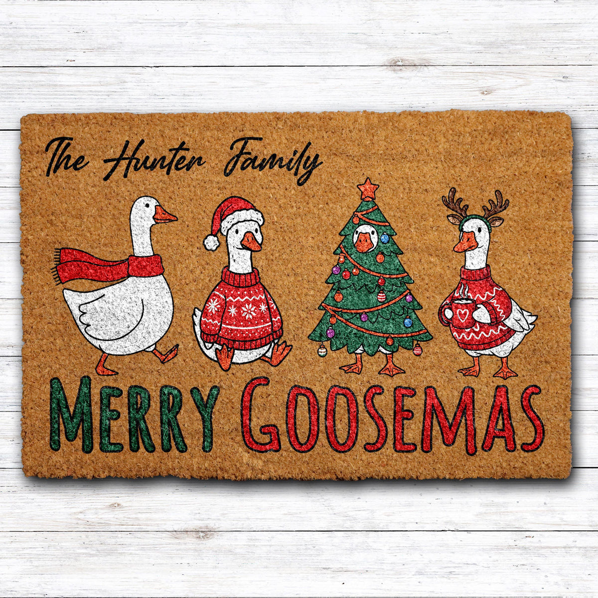 Merry Goosemas Doormat, Personalized Christmas Welcome Mat, Custom Family Name Door Mat