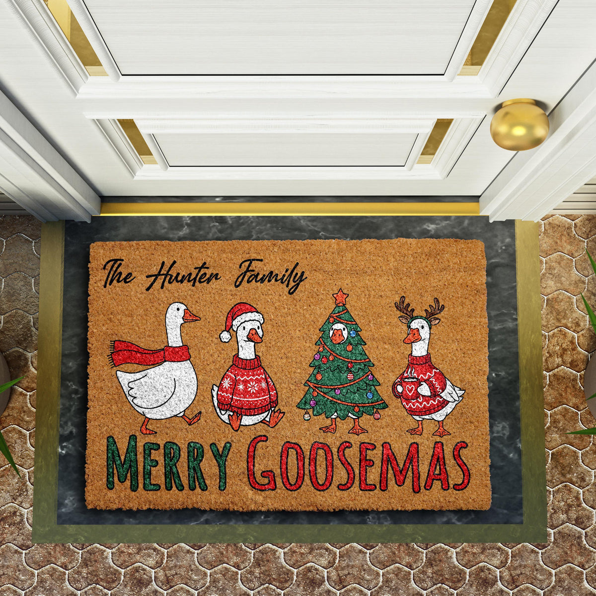 Merry Goosemas Doormat, Personalized Christmas Welcome Mat, Custom Family Name Door Mat