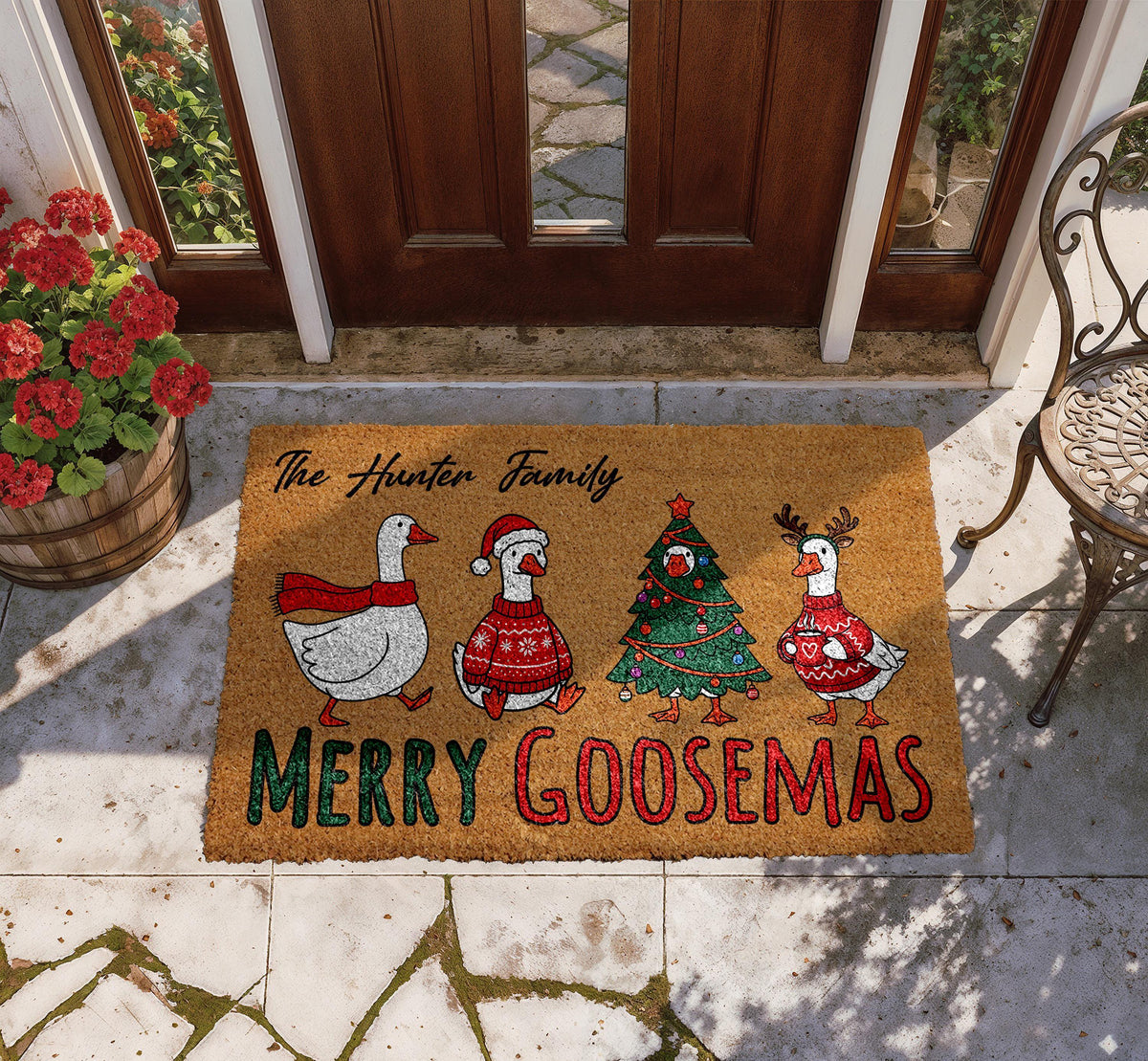 Merry Goosemas Doormat, Personalized Christmas Welcome Mat, Custom Family Name Door Mat