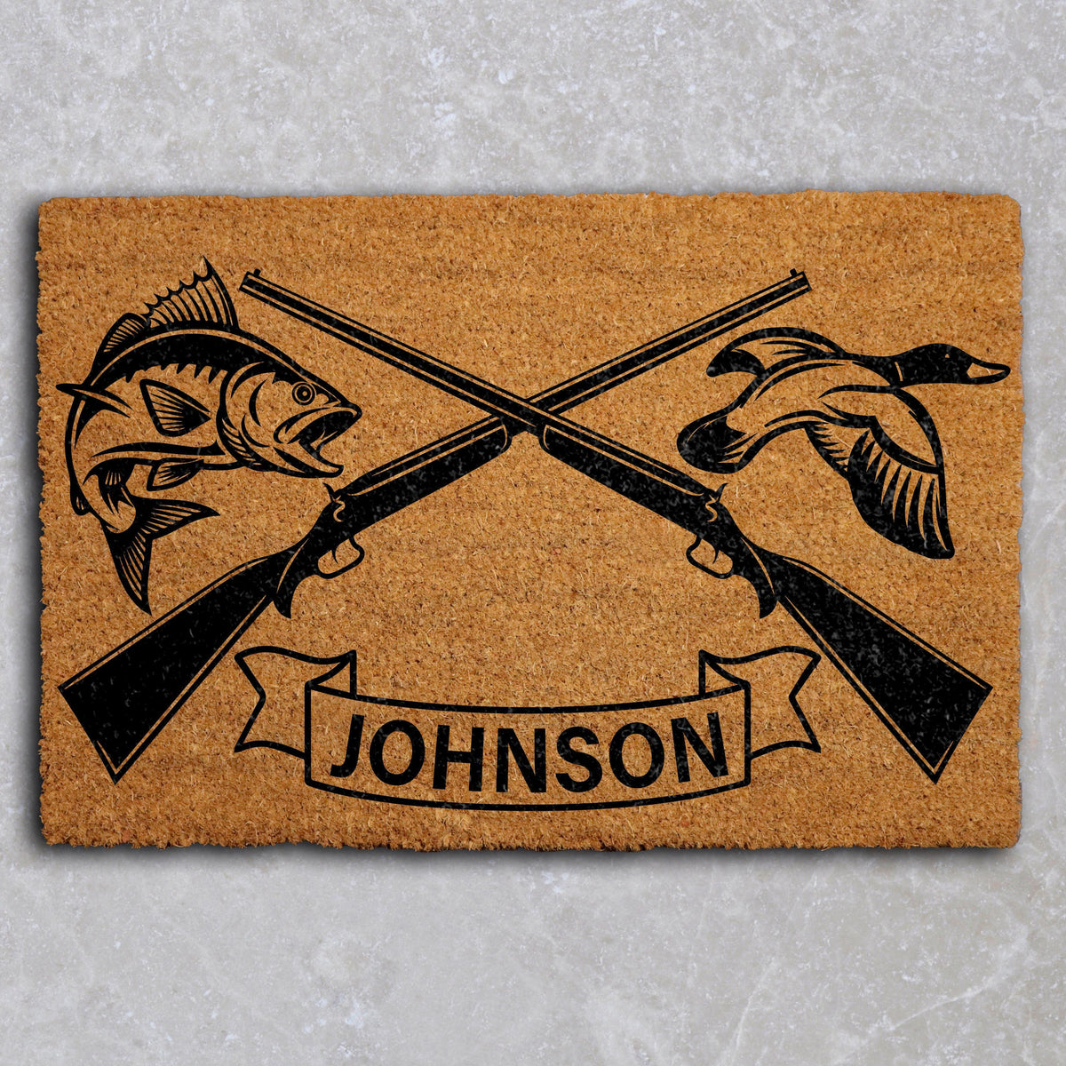 Personalized Fishing and Hunting Doormat, Custom Family Name Welcome Mat