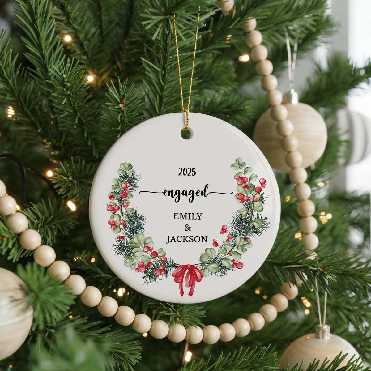 Personalized Engagement Ornament, Watercolor Wreath Ceramic Keepsake