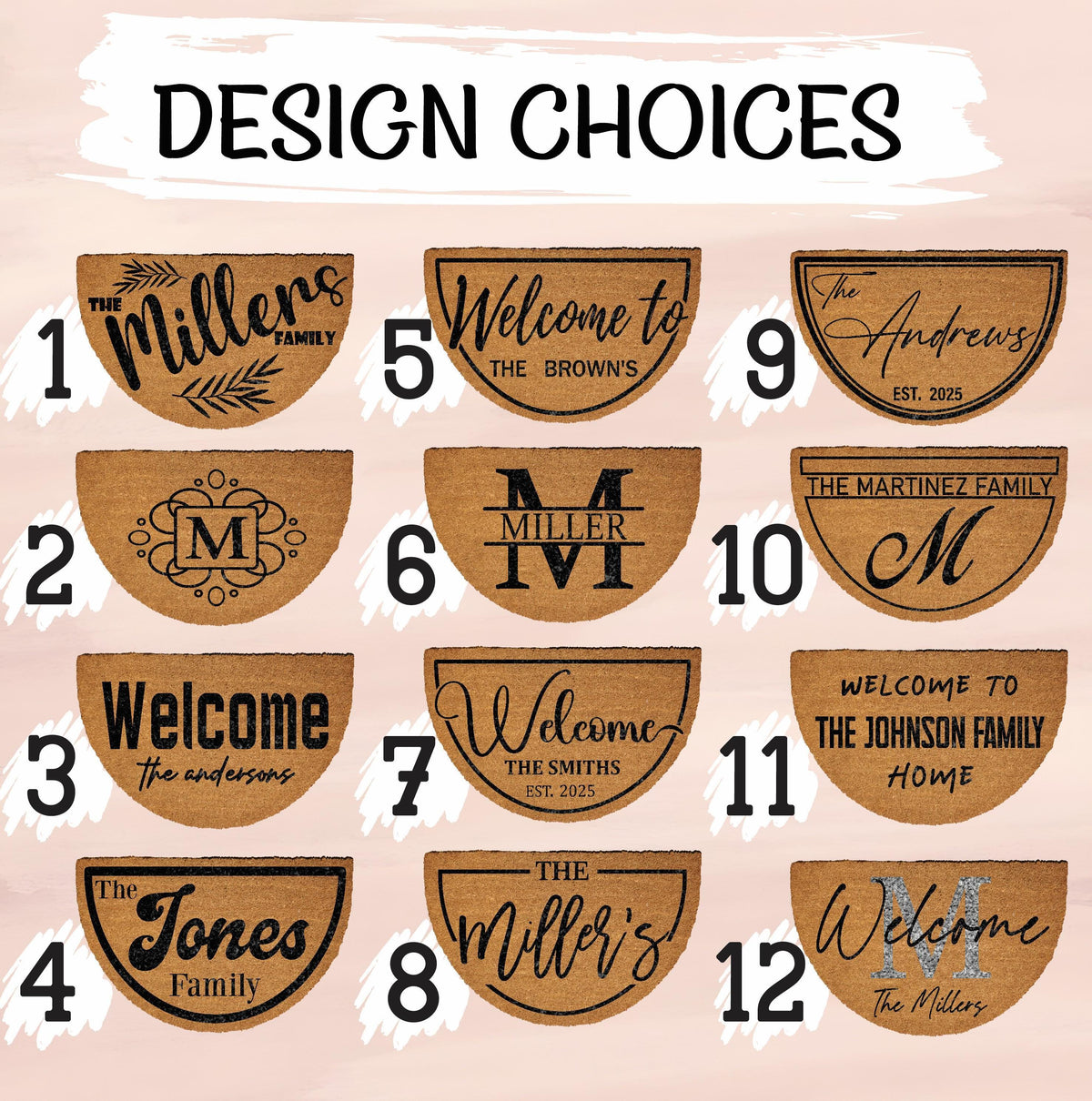 Personalized Family Name Doormat, Natural Coir Welcome Mat, Semi-Circle Housewarming Gift
