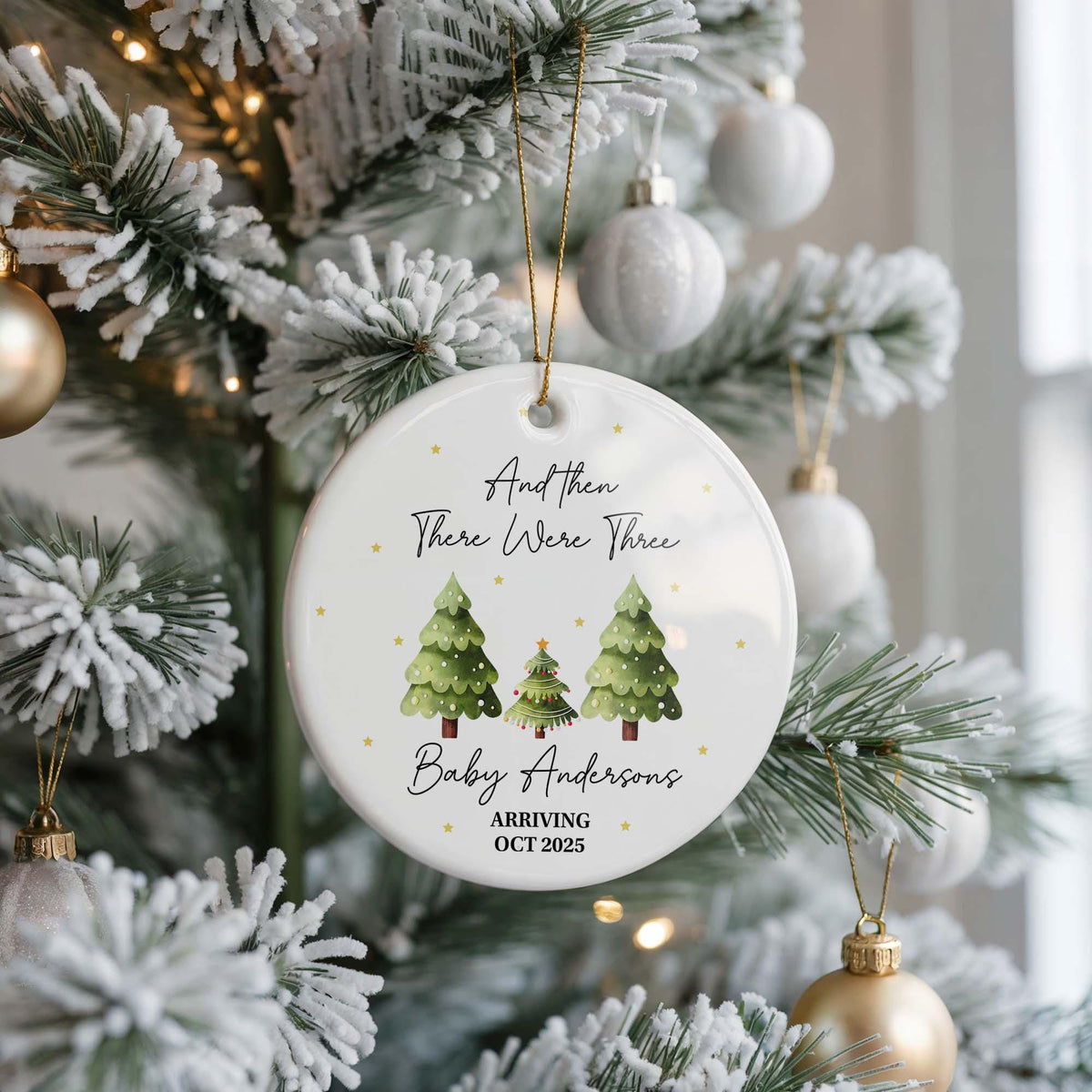 Pregnancy Reveal Ornament, And Then There Were Three, Ceramic Keepsake