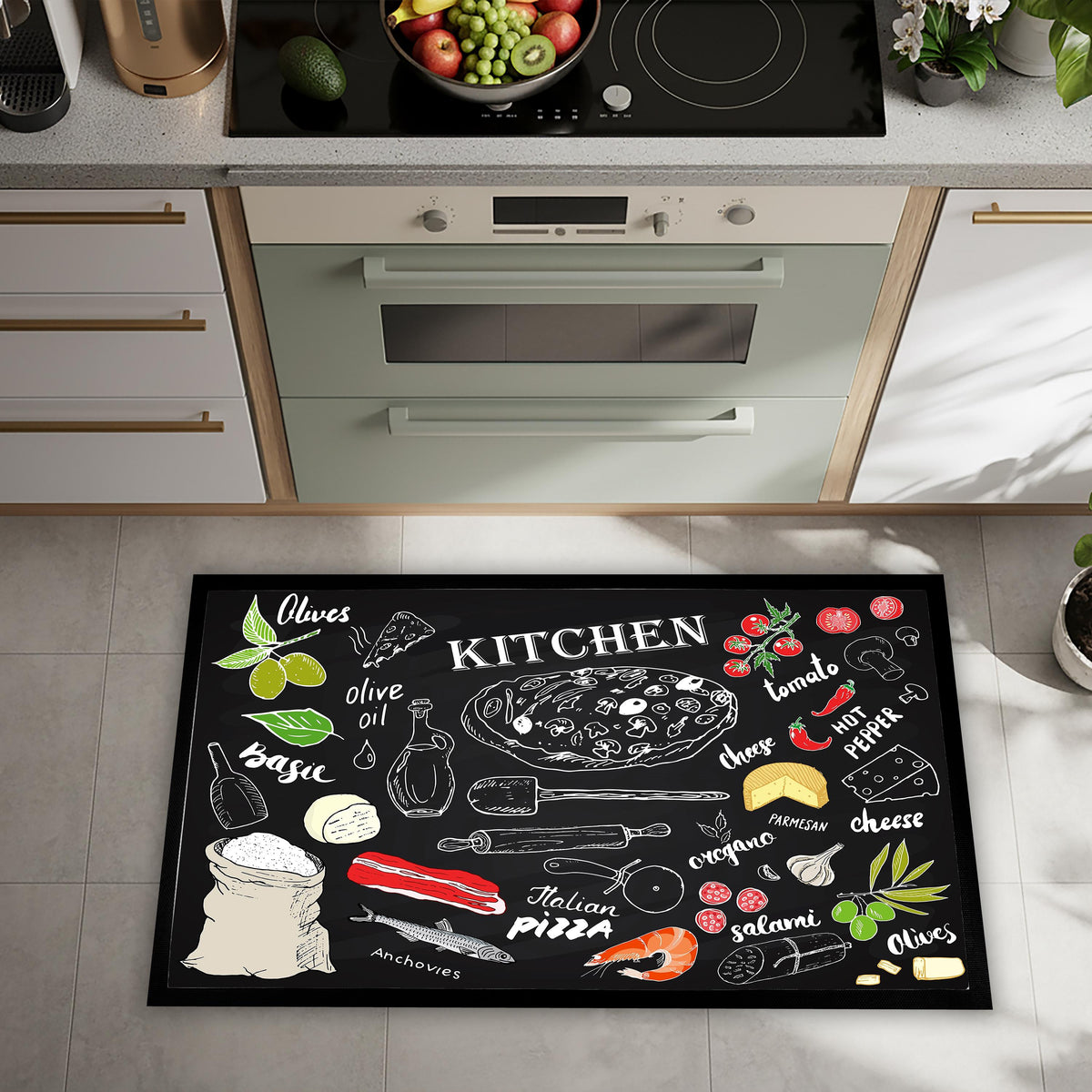 Chalkboard Italian Pizza Kitchen Mat, Non-Slip Easy Clean Floor Decor