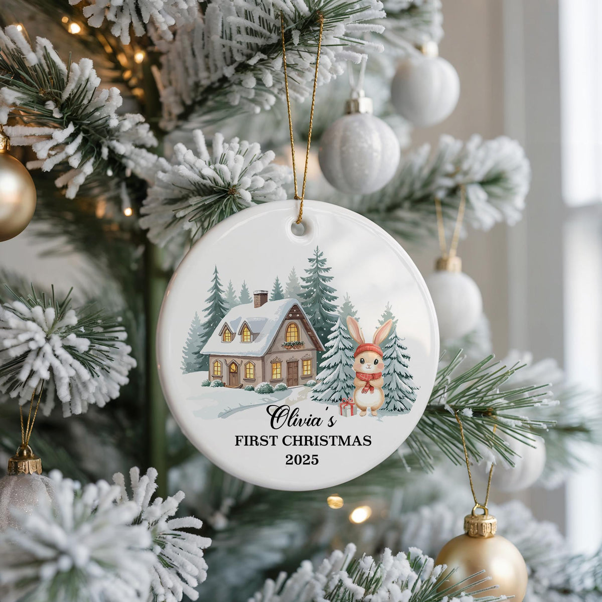 Personalized Baby's First Christmas Ornament, Woodland Bunny, Ceramic Keepsake