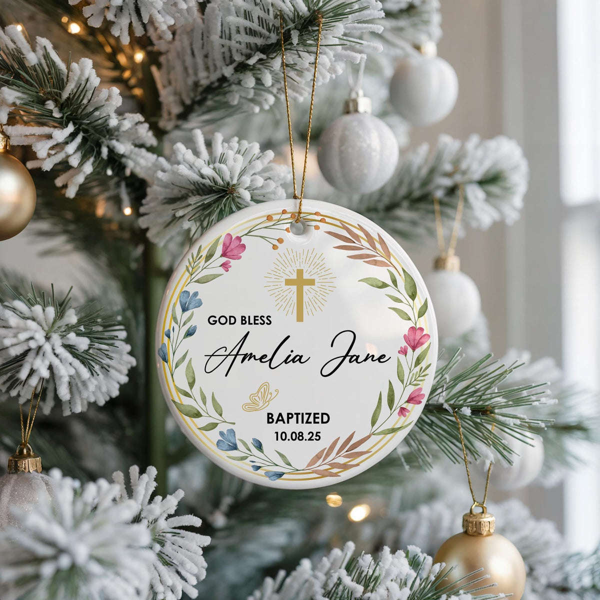 Personalized Baptism Ornament, Floral Wreath Ceramic Keepsake, God Bless Gift