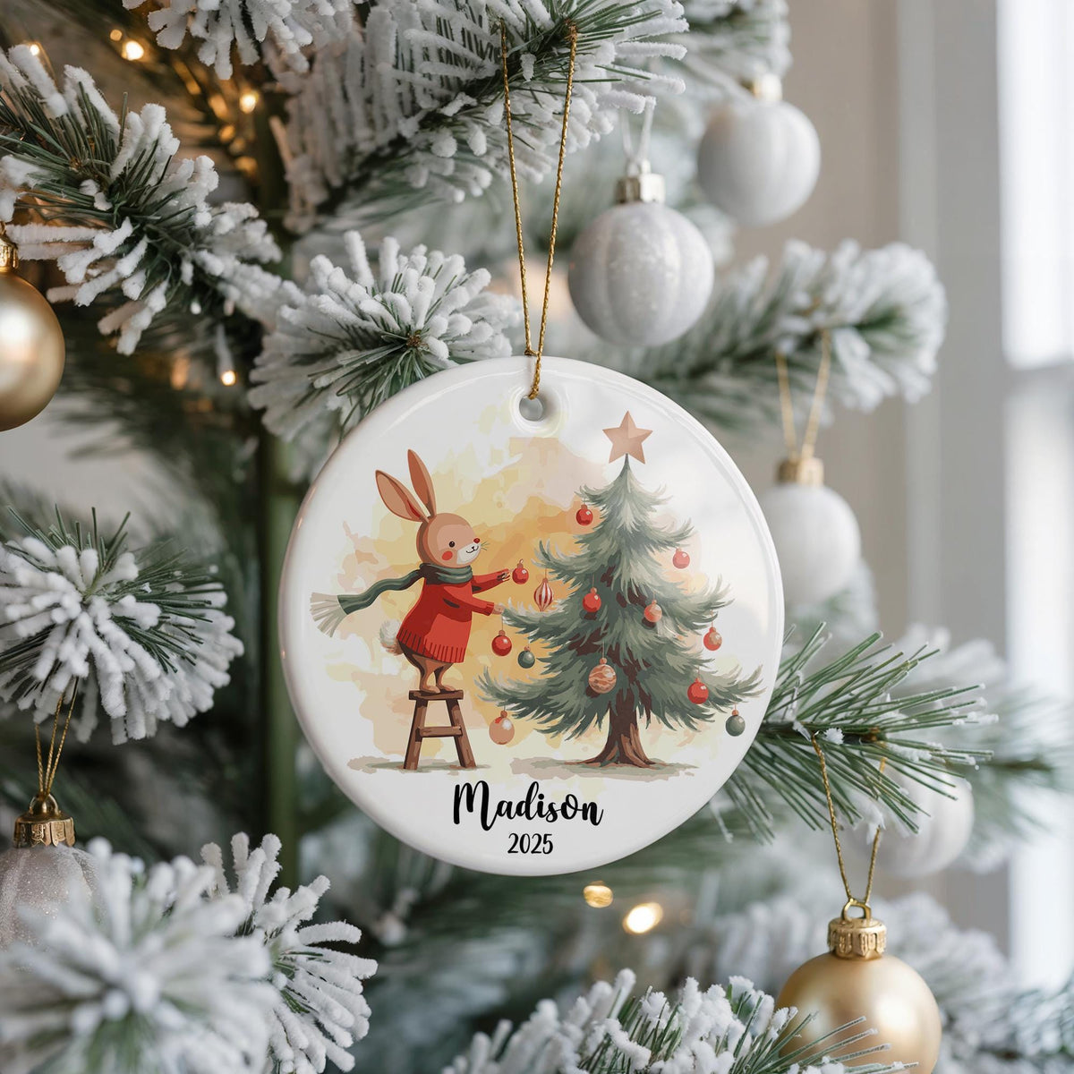 Personalized Bunny Christmas Ornament, Custom Ceramic Holiday Keepsake