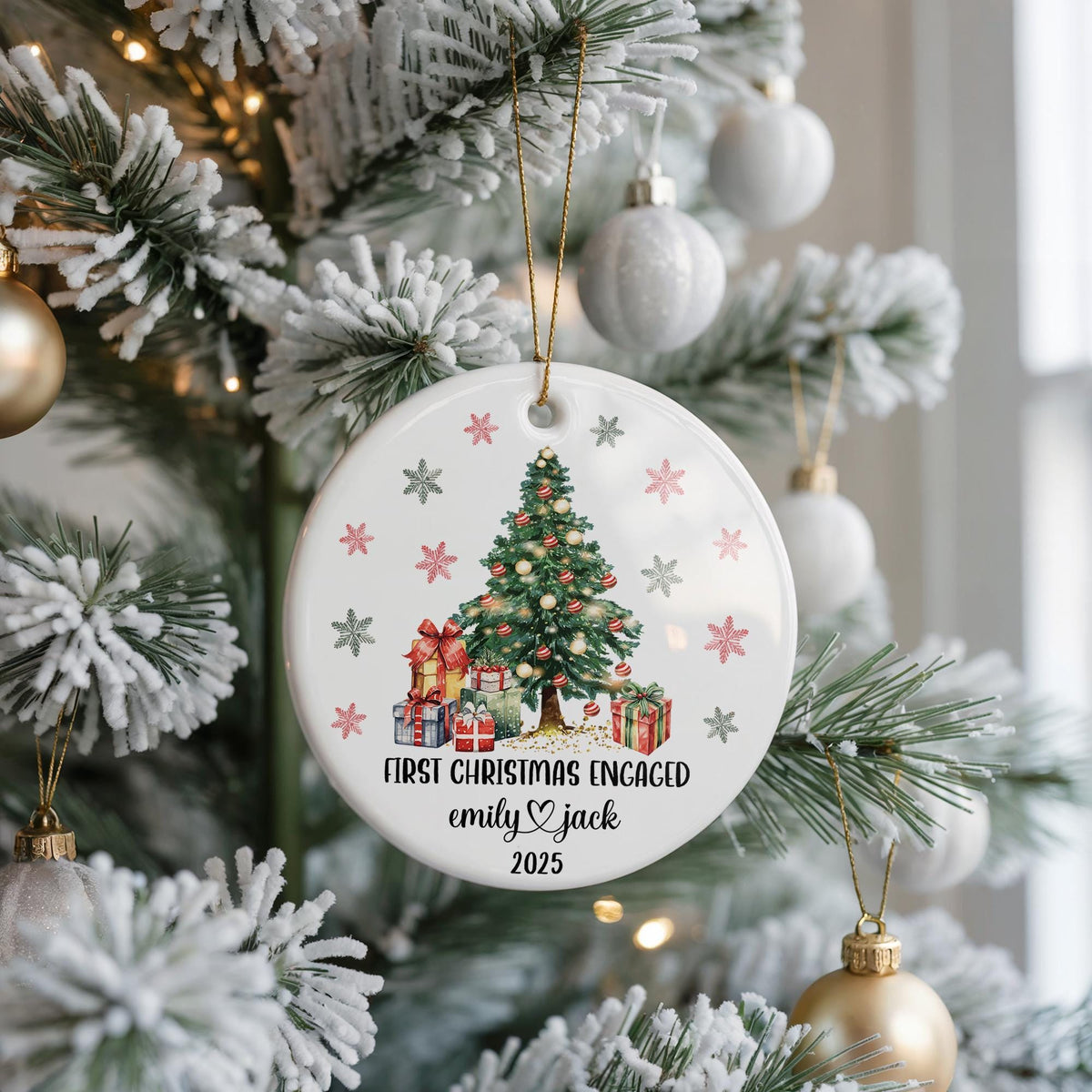 First Christmas Engaged Ornament, Personalized Ceramic Keepsake