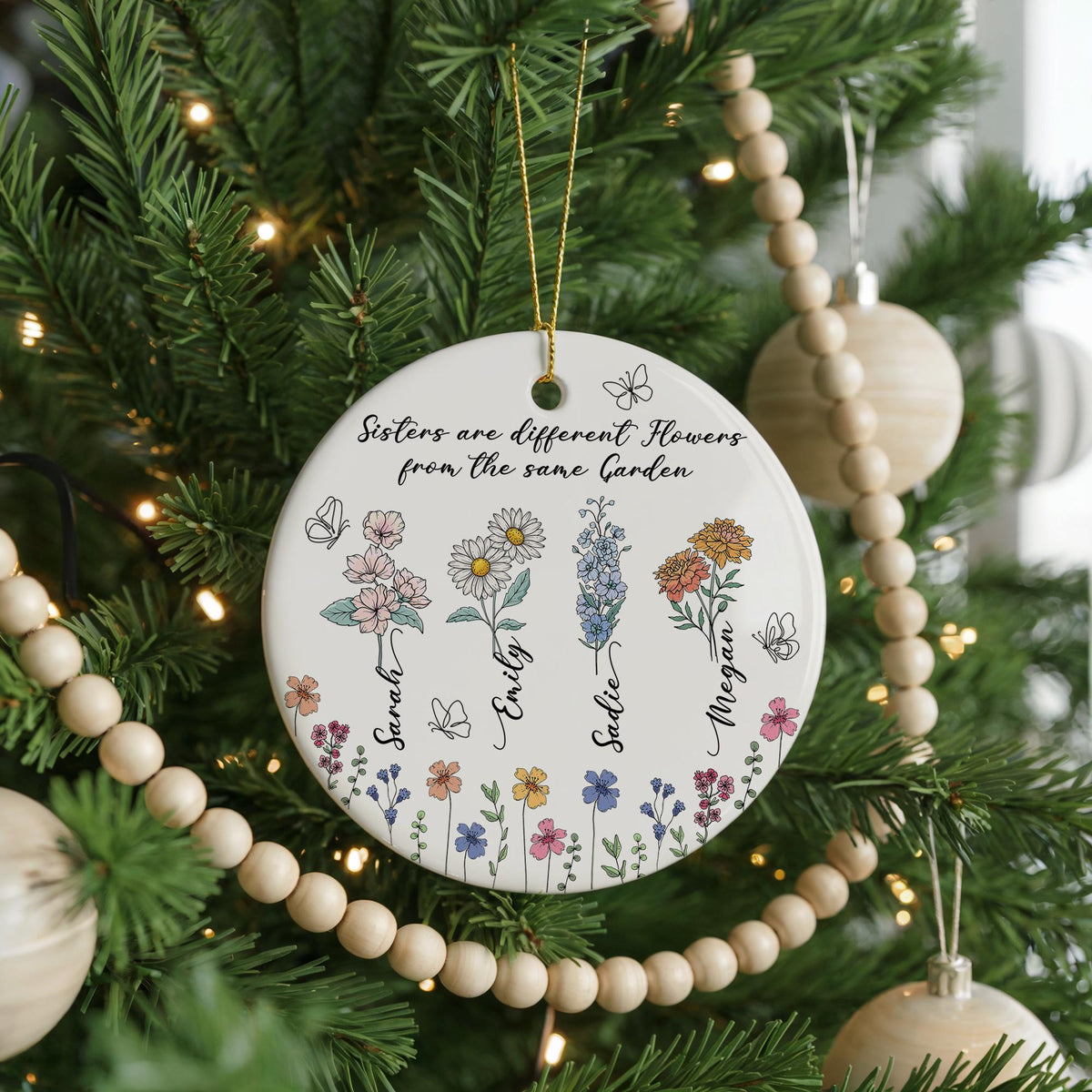 Personalized Sisters Birth Flower Ornament, Custom Christmas Keepsake