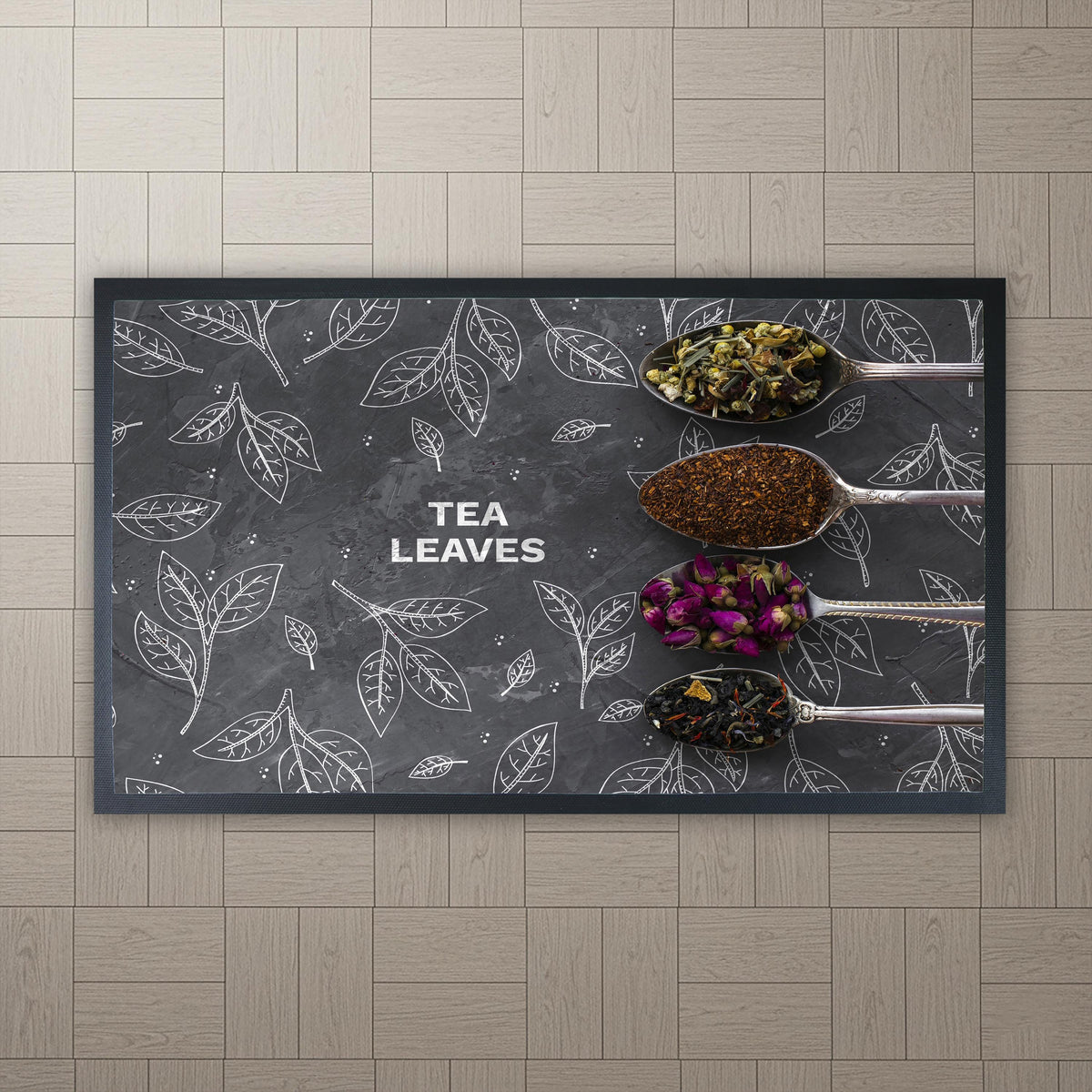 Tea Leaves Kitchen Floor Mat, Sublimation Printed Herbs Spoon Decor Rug