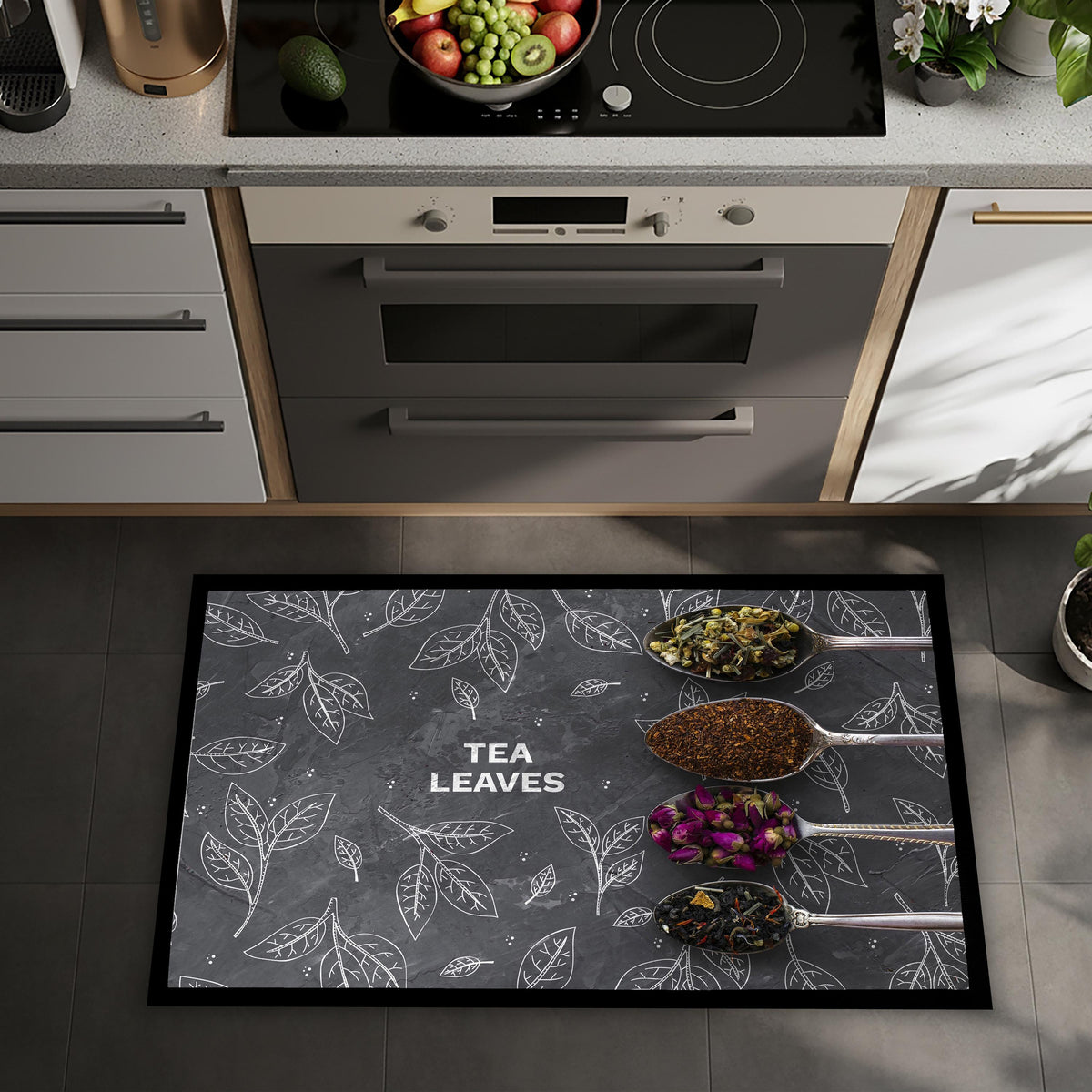 Tea Leaves Kitchen Floor Mat, Sublimation Printed Herbs Spoon Decor Rug