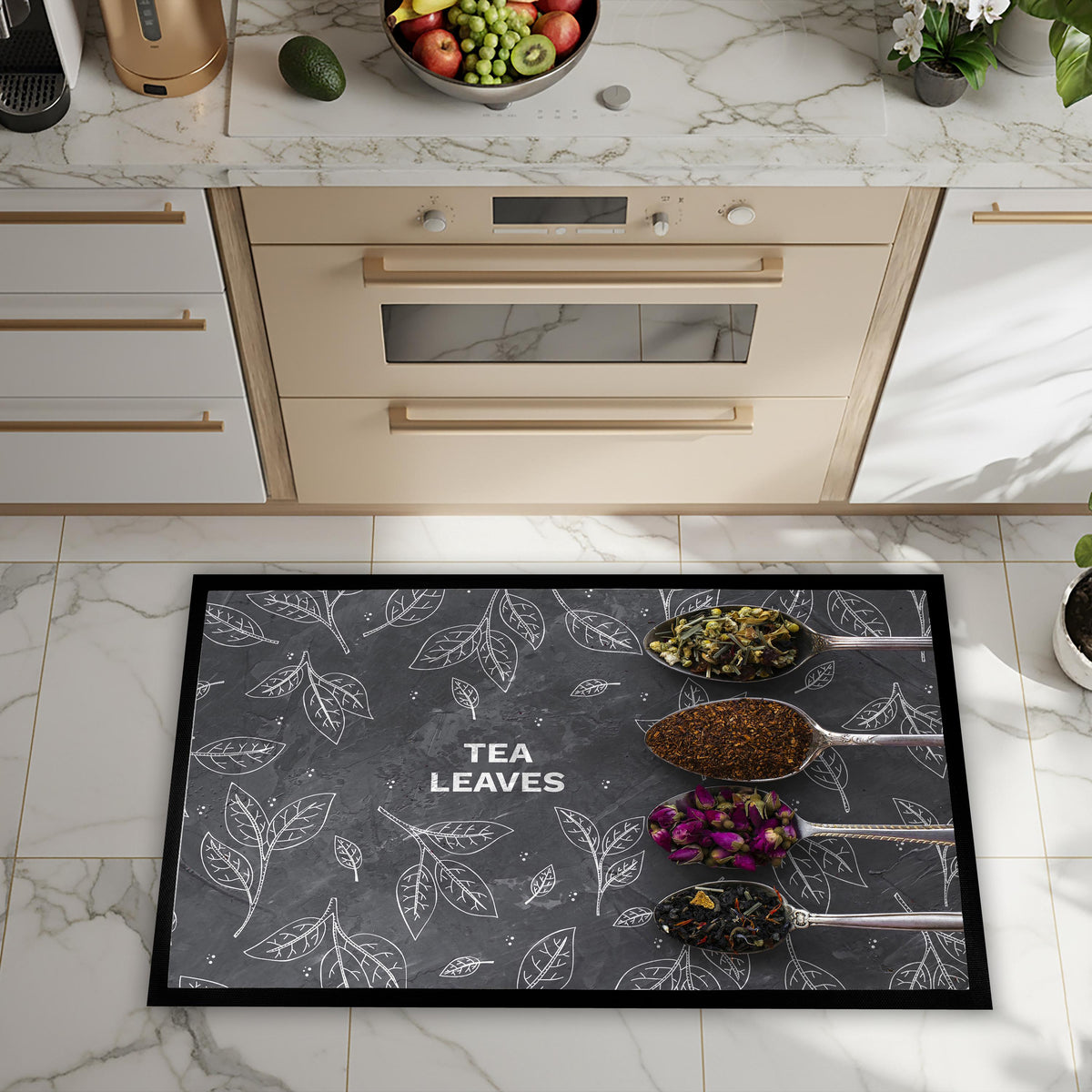 Tea Leaves Kitchen Floor Mat, Sublimation Printed Herbs Spoon Decor Rug