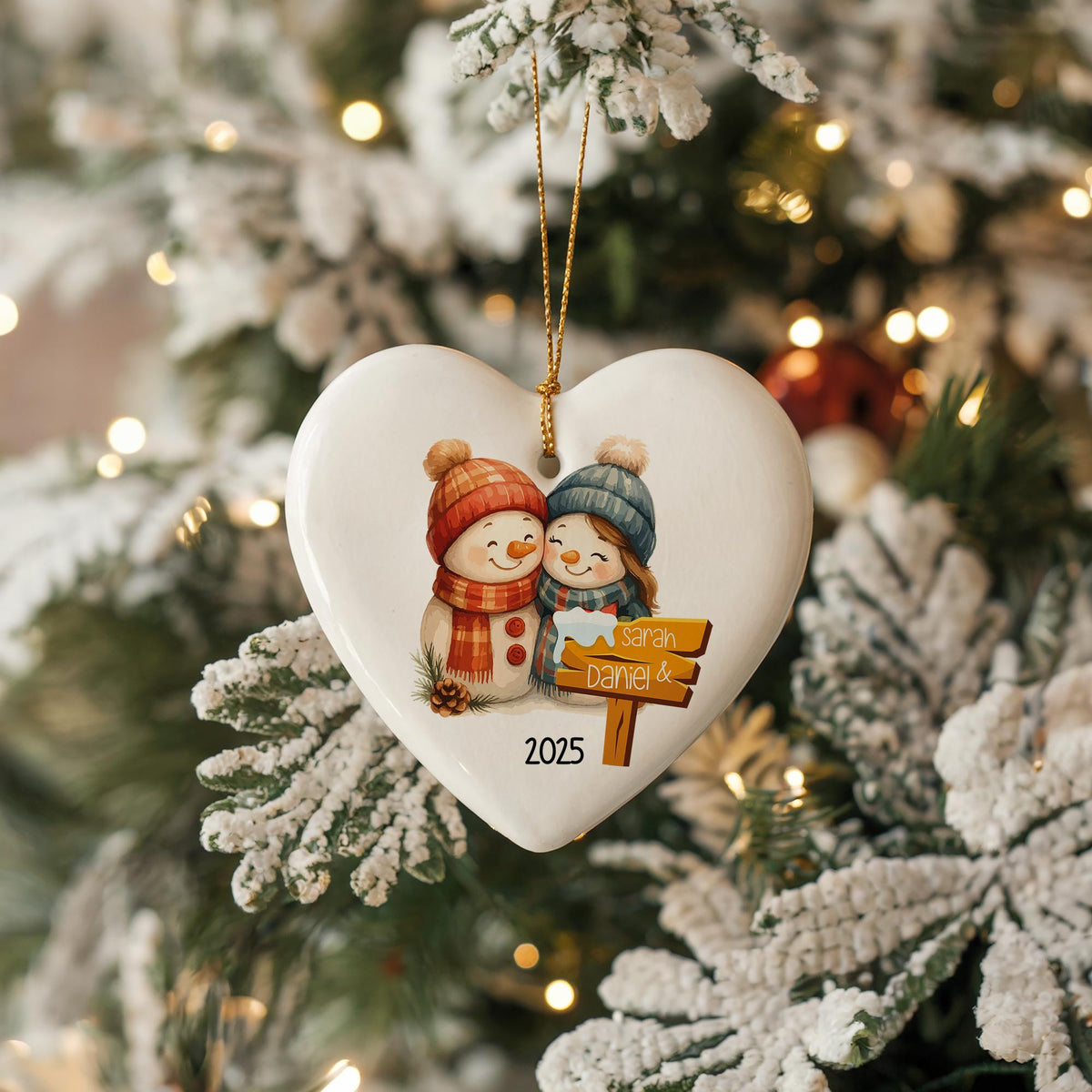 Personalized Ceramic Christmas Ornament, Snowman Couple Keepsake