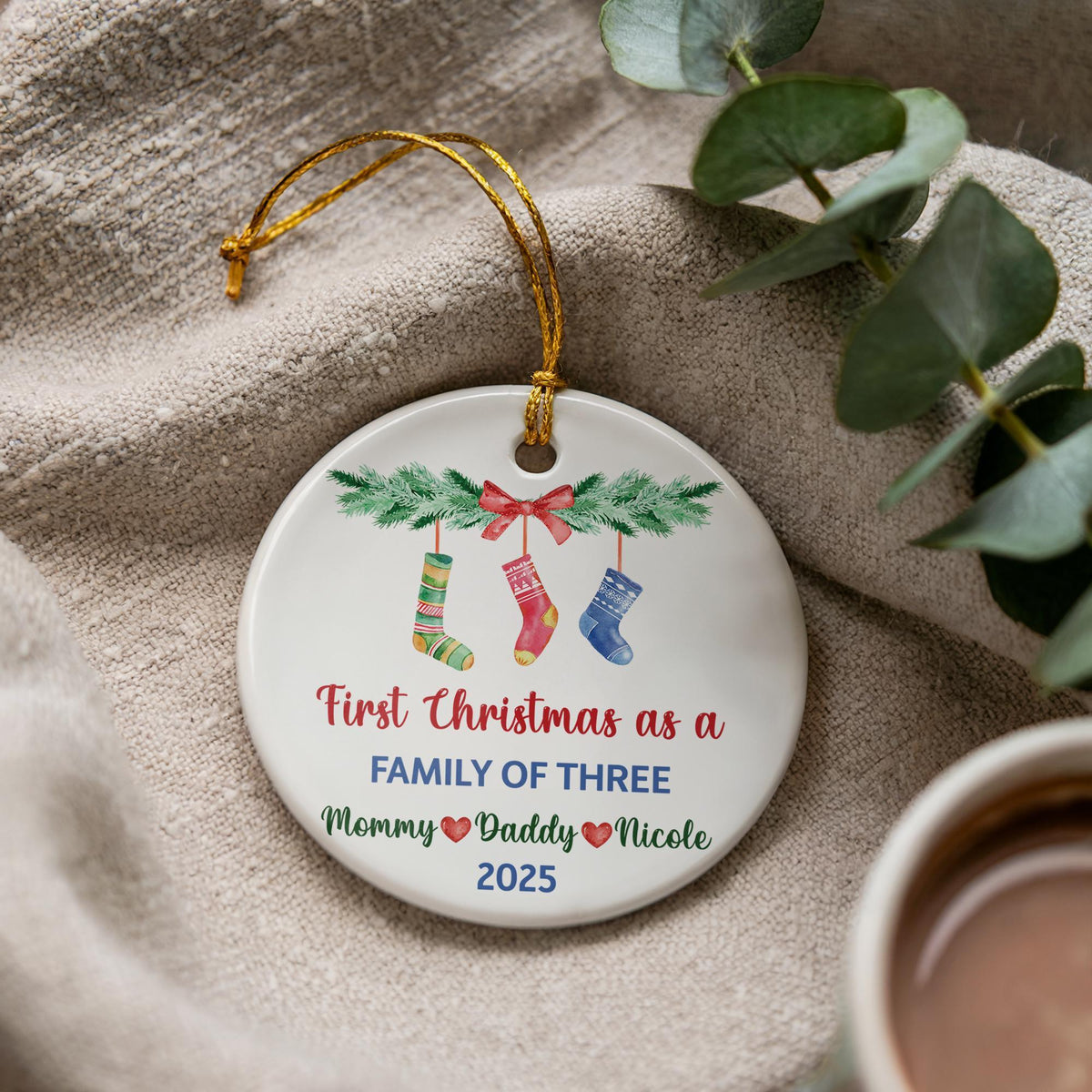 Personalized Family First Christmas Ornament, Ceramic Keepsake
