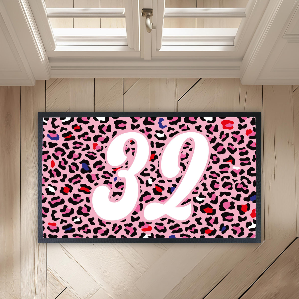 Pink Leopard Print Doormat with Your House Number, Bold Welcome Mat for Front Porch or Entryway