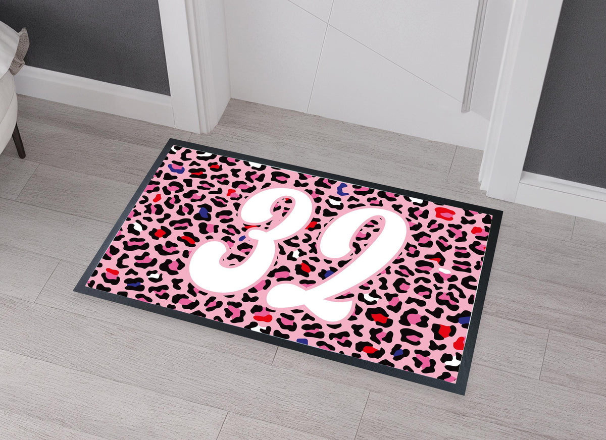 Pink Leopard Print Doormat with Your House Number, Bold Welcome Mat for Front Porch or Entryway