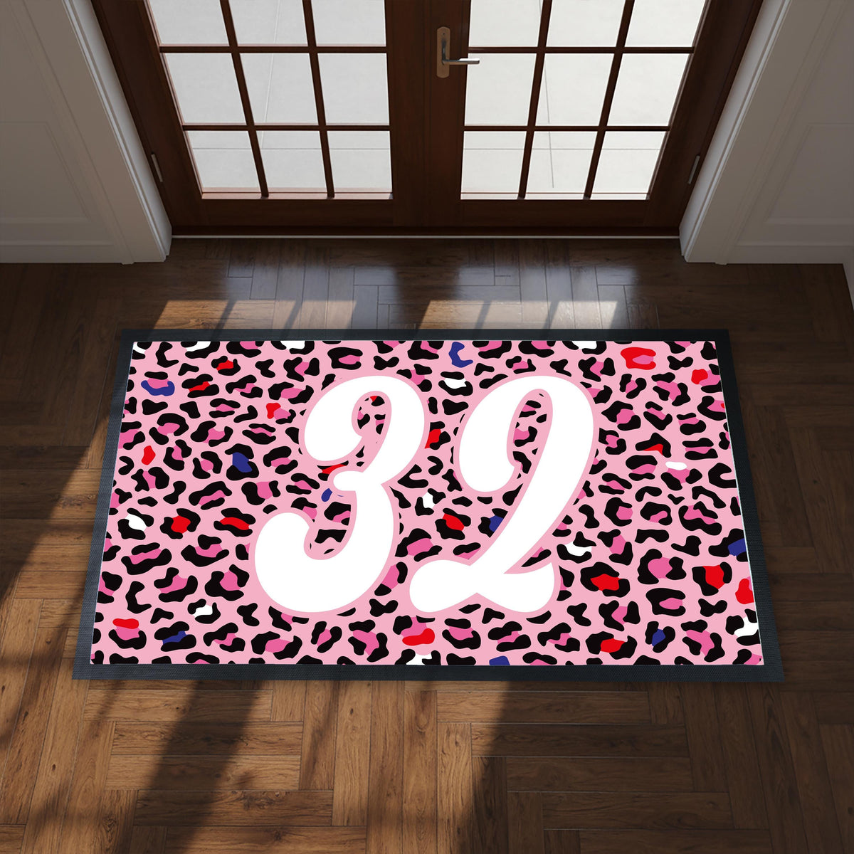 Pink Leopard Print Doormat with Your House Number, Bold Welcome Mat for Front Porch or Entryway