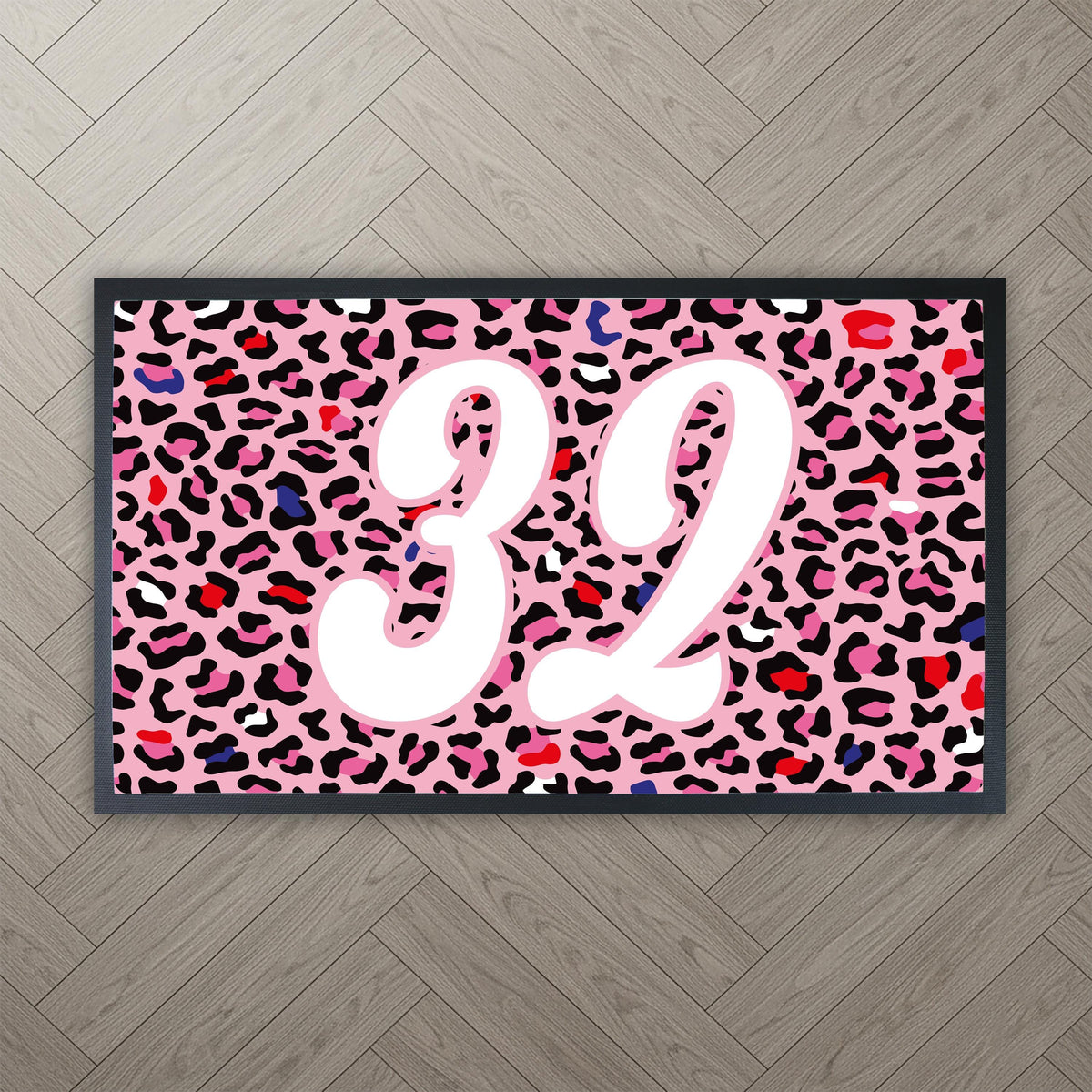 Pink Leopard Print Doormat with Your House Number, Bold Welcome Mat for Front Porch or Entryway