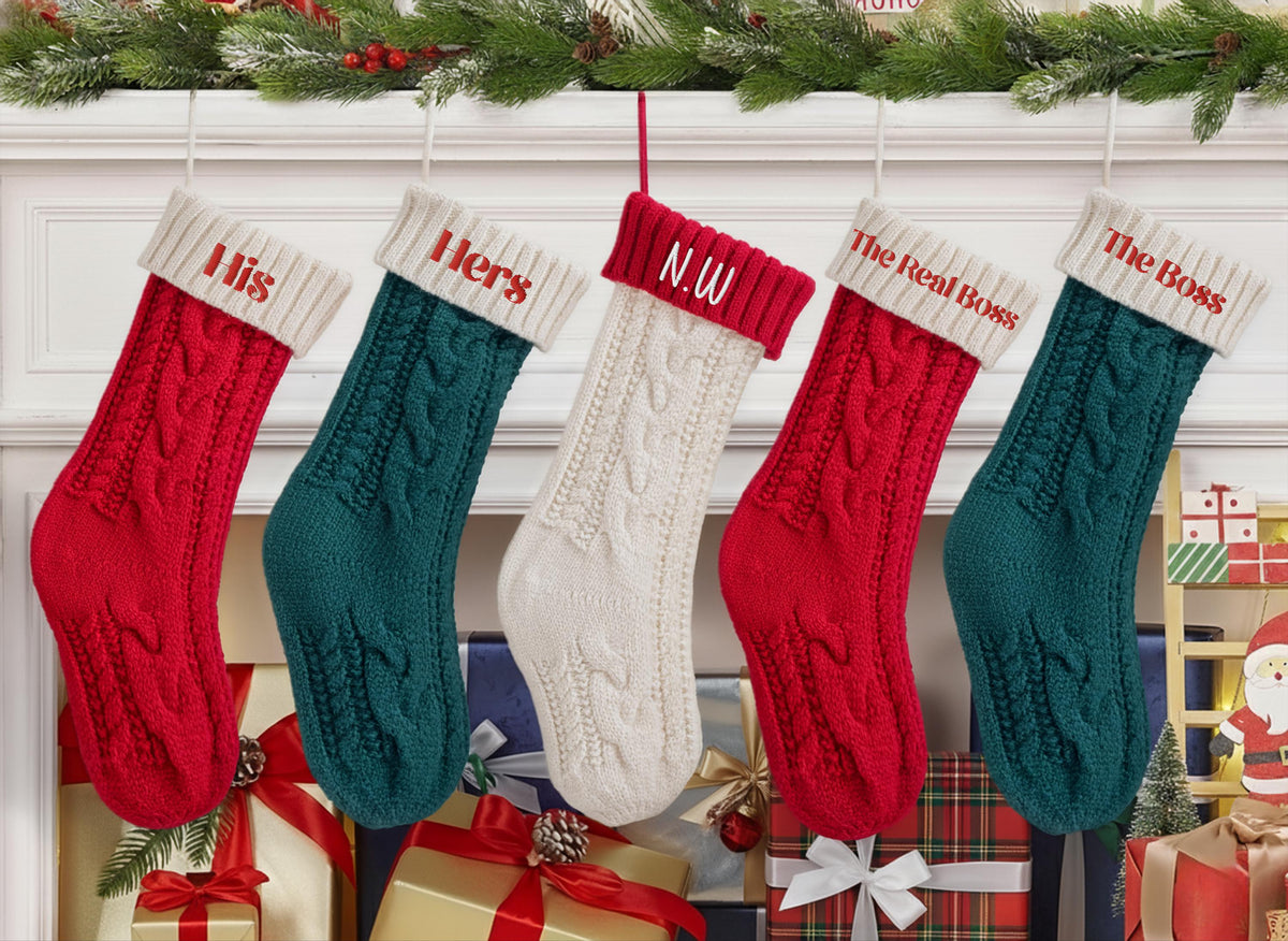 Bride & Groom 2025 Embroidered Christmas Stockings, Personalized Knitted Family Stocking