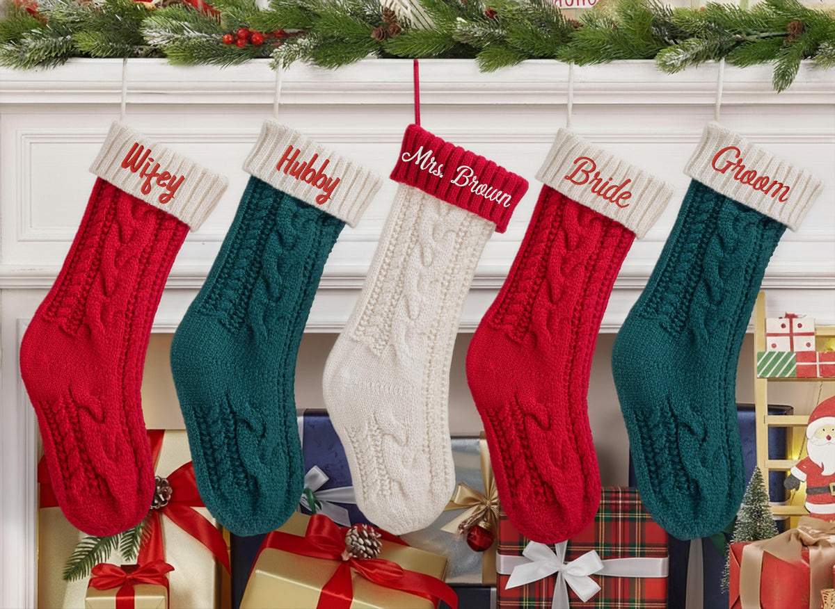 Monogram 2025 Embroidered Christmas Stockings, Personalized Knitted Family Stocking