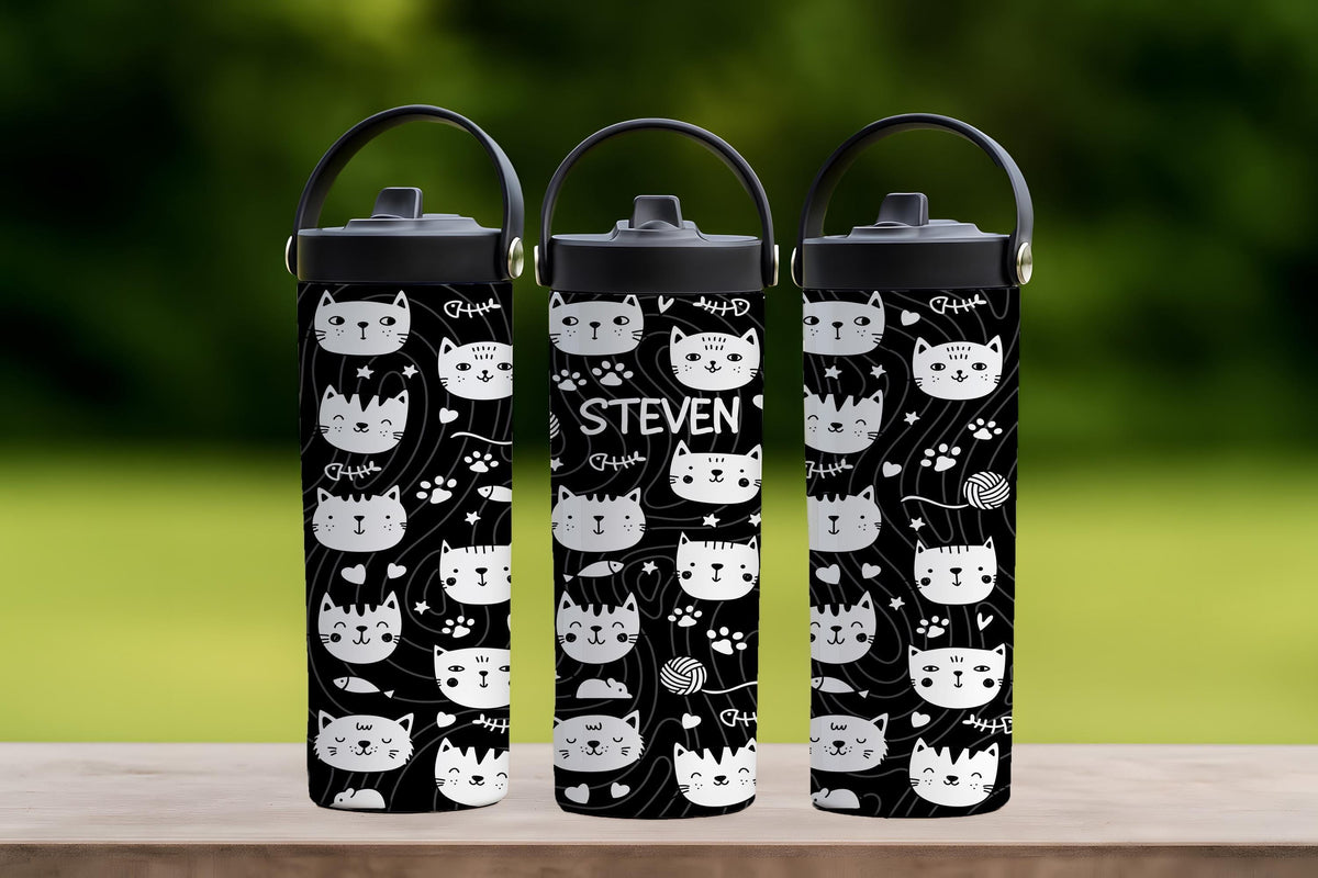 Cute Cat Faces Pattern Tumbler With Foldable Straw, Personalized Cat Lover Kids Water Bottle
