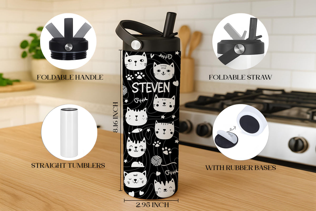 Cute Cat Faces Pattern Tumbler With Foldable Straw, Personalized Cat Lover Kids Water Bottle