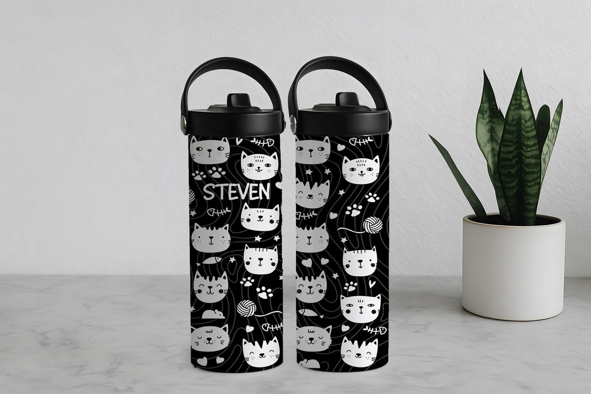Cute Cat Faces Pattern Tumbler With Foldable Straw, Personalized Cat Lover Kids Water Bottle