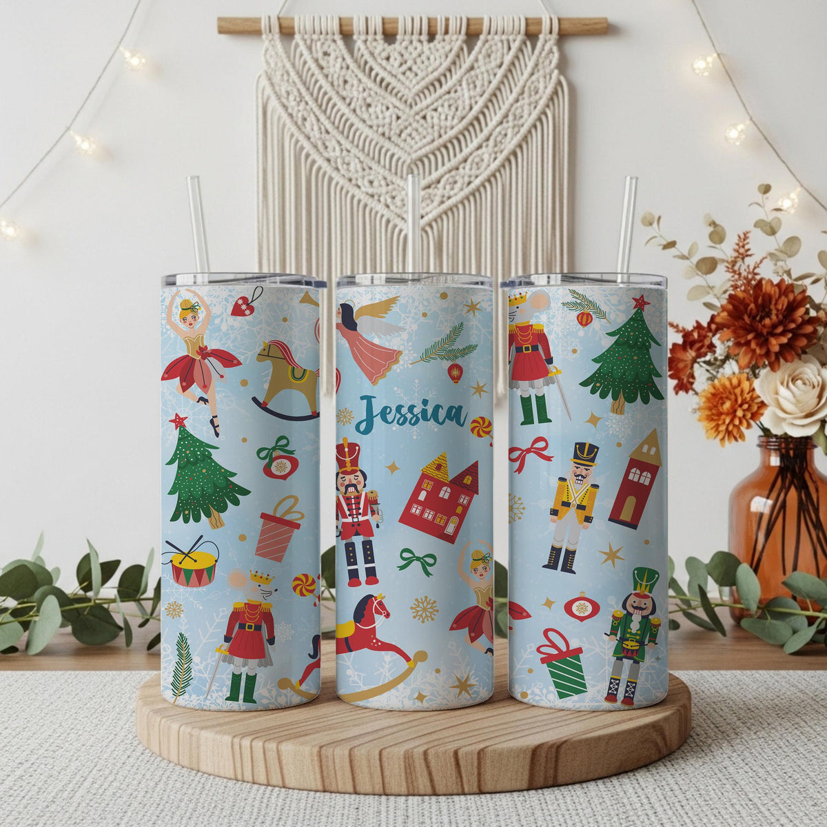 Personalized Nutcracker Pattern Hot Chocolate Tumbler, Cozy Christmas Vibe Insulated Coffee Cup