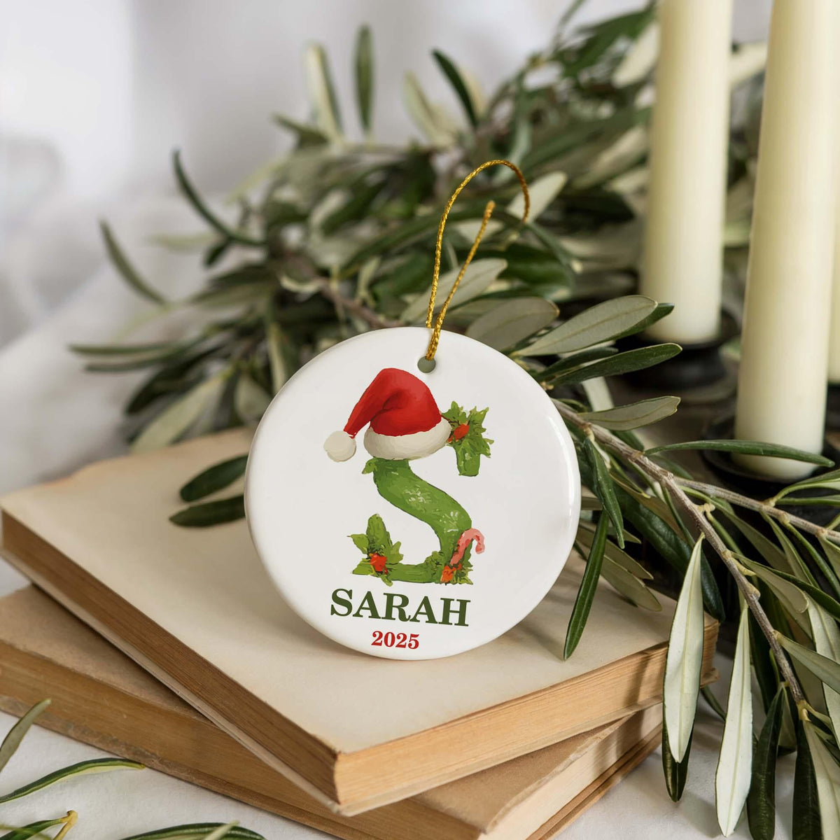Custom Name & Santa Hat Initial Ornament, Family Matching Christmas Tree Decor