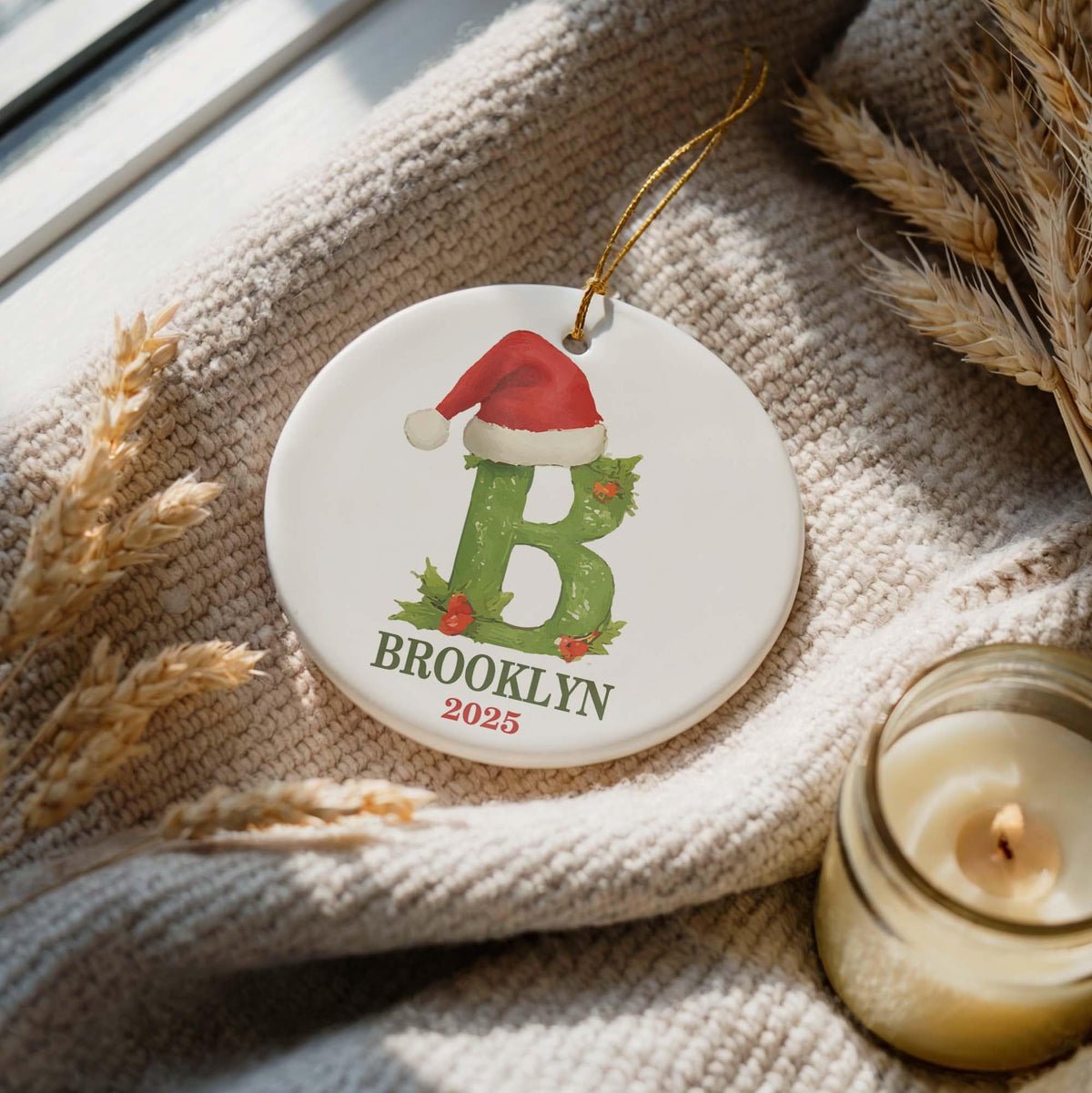 Custom Name & Santa Hat Initial Ornament, Family Matching Christmas Tree Decor