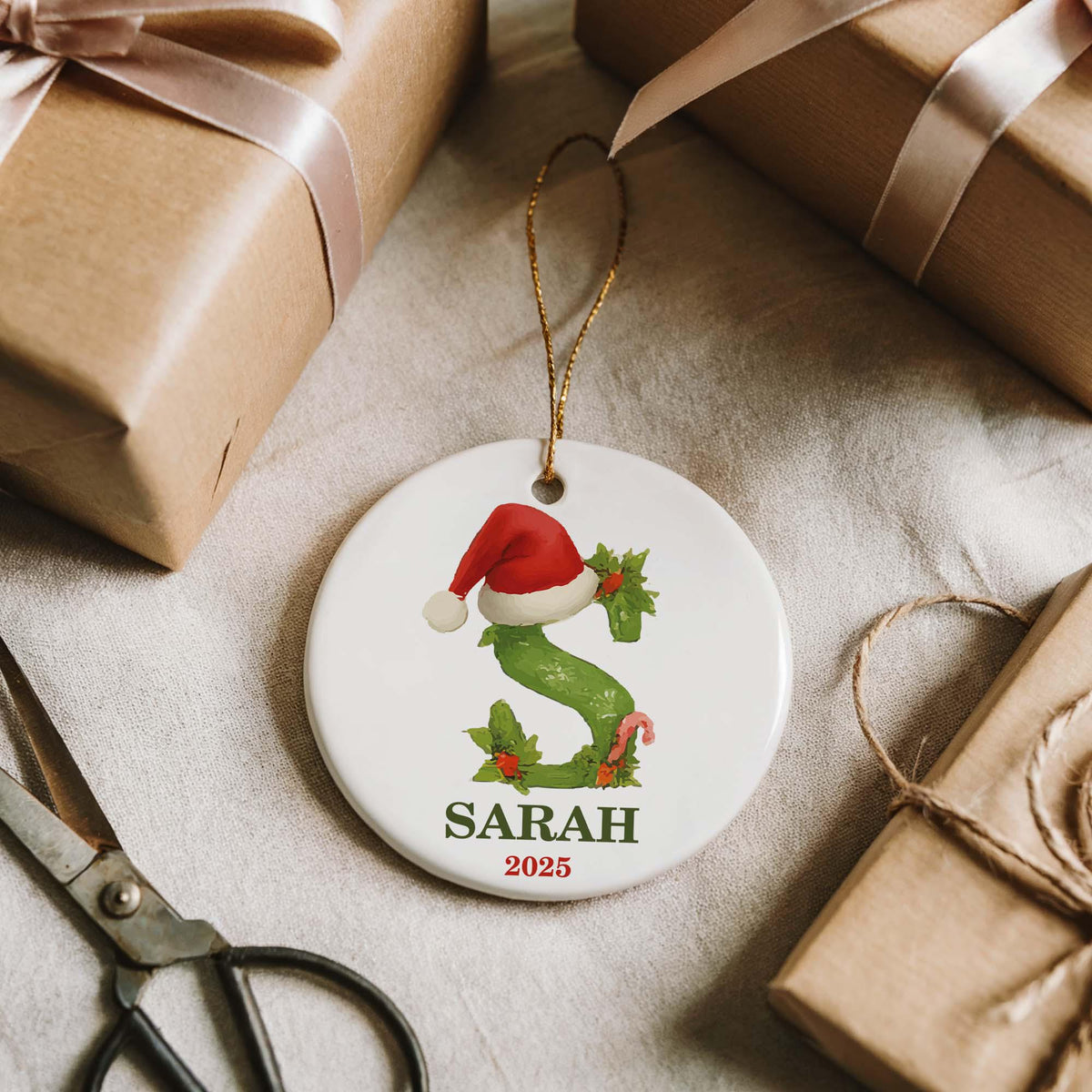 Custom Name & Santa Hat Initial Ornament, Family Matching Christmas Tree Decor