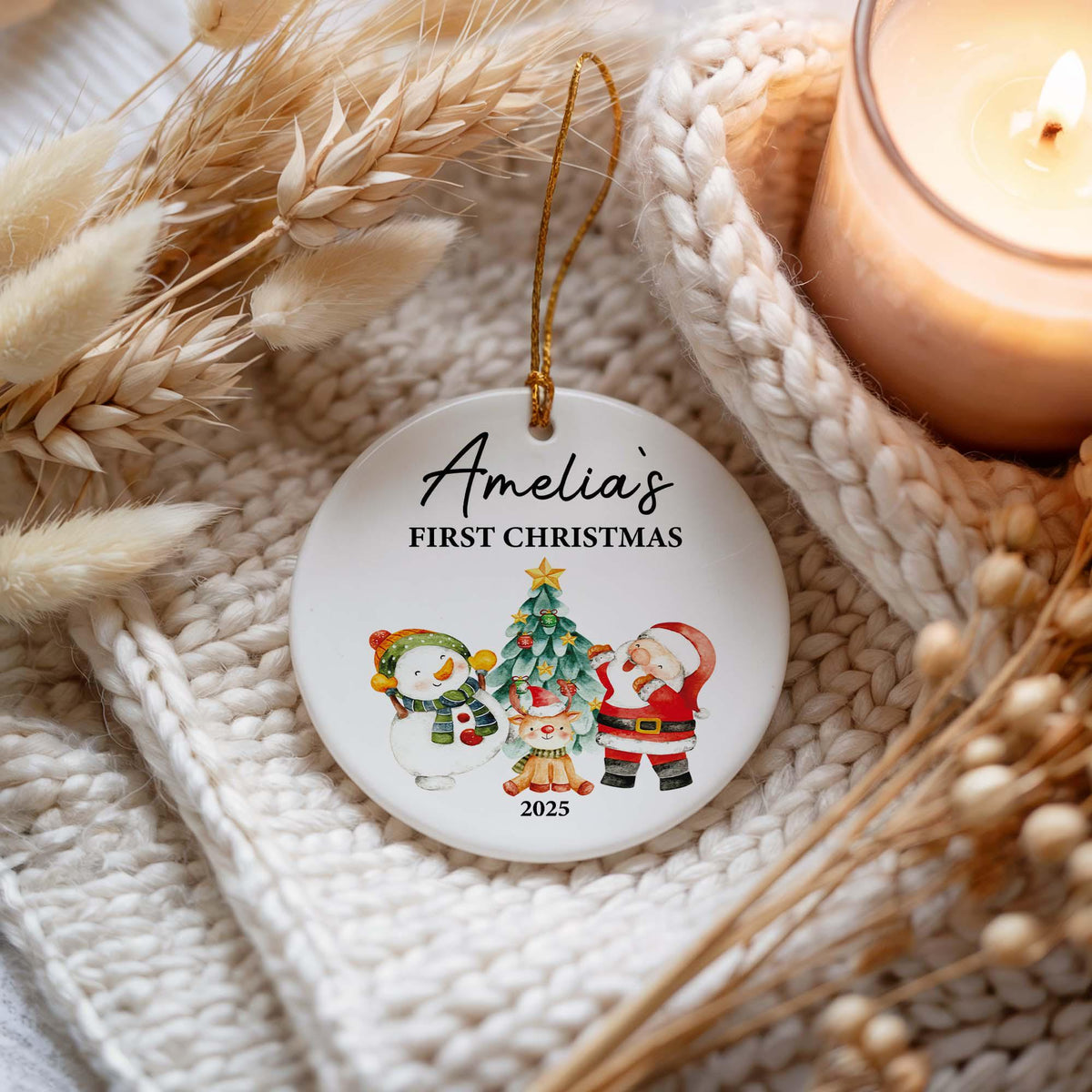 Custom Name First Christmas Ceramic Ornament, Personalized Baby's 1st Xmas Keepsake