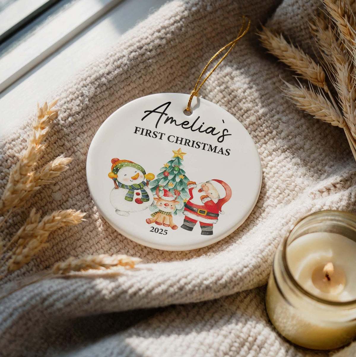 Custom Name First Christmas Ceramic Ornament, Personalized Baby's 1st Xmas Keepsake