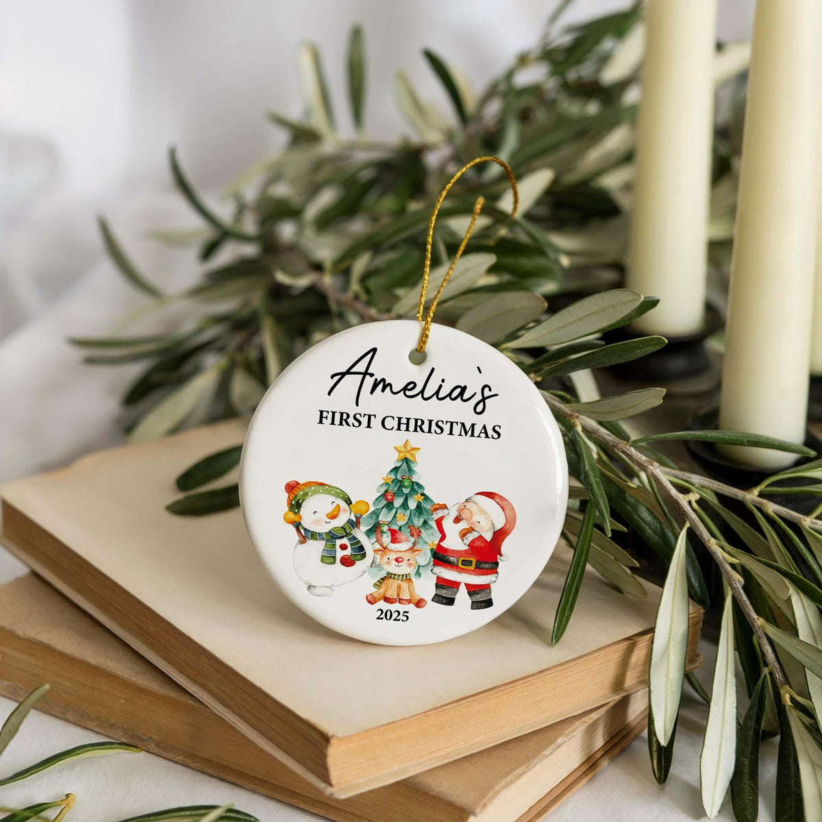 Custom Name First Christmas Ceramic Ornament, Personalized Baby's 1st Xmas Keepsake