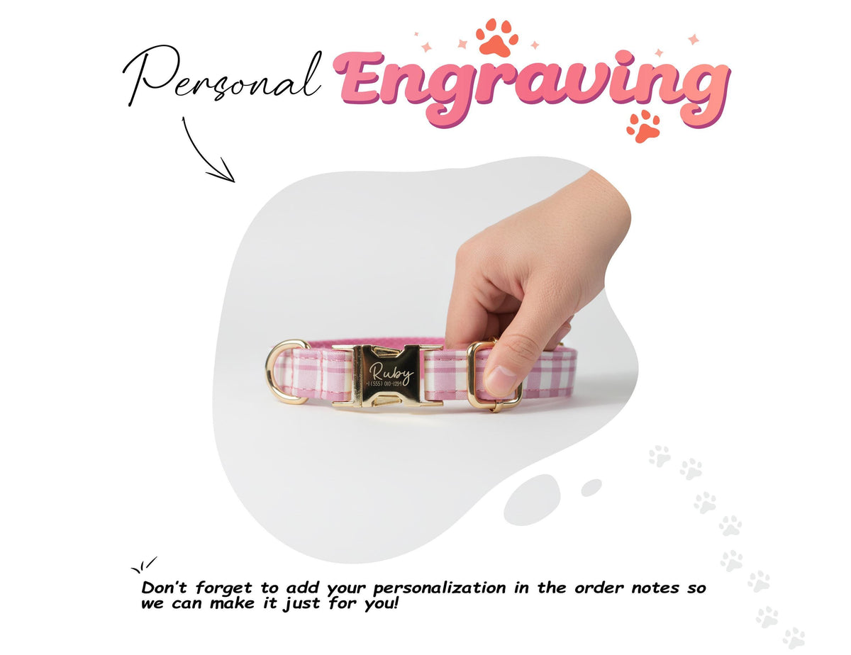 Personalized Plaid Pet Collar, Engraved Metal Buckle Dog Cat Collar With D-Ring