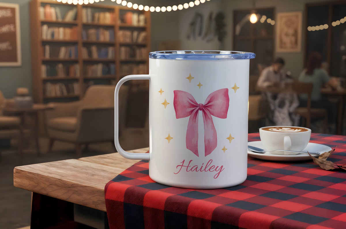 Custom Name Coquette Mug, Pink Bow Aesthetic Coffee Cup, Cute Girly Personalized Mug Gift