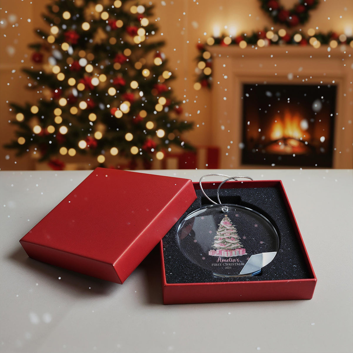 Personalized Crystal Glass Ornament, Pink Tree Baby's First Christmas Keepsake