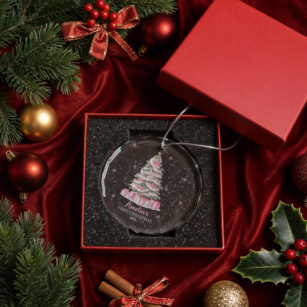 Personalized Crystal Glass Ornament, Pink Tree Baby's First Christmas Keepsake