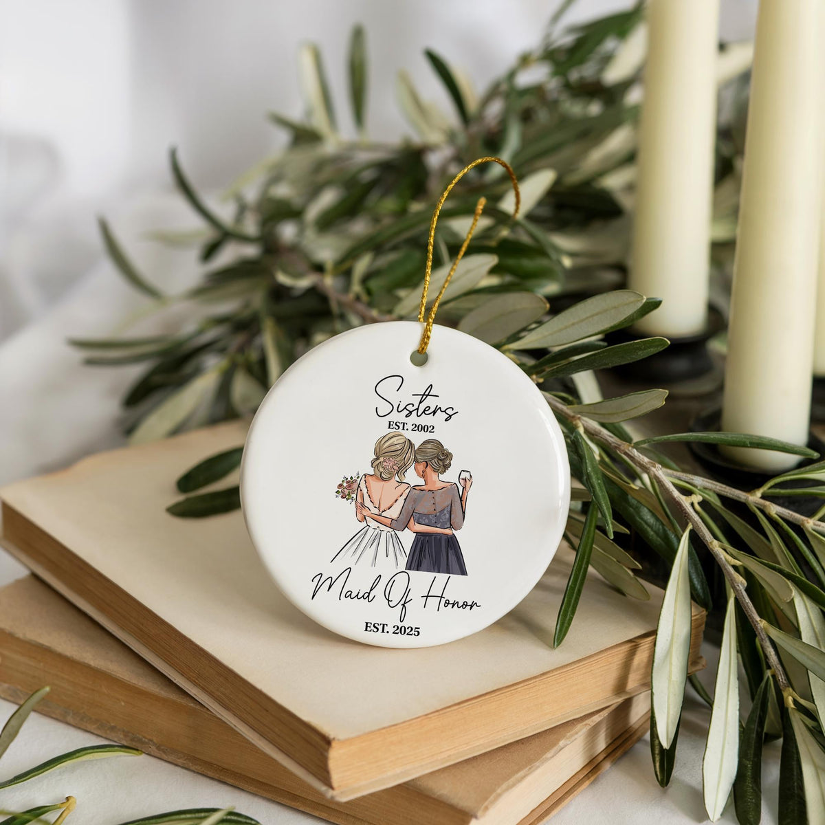 Personalized Date Maid Of Honor Ornament, Ceramic Sister Wedding Keepsake, MOH Proposal Gift