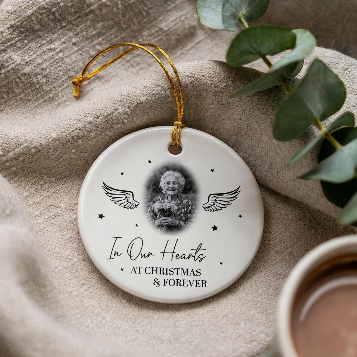 Custom Memorial Photo Ornament, Angel Wings, Ceramic Keepsake